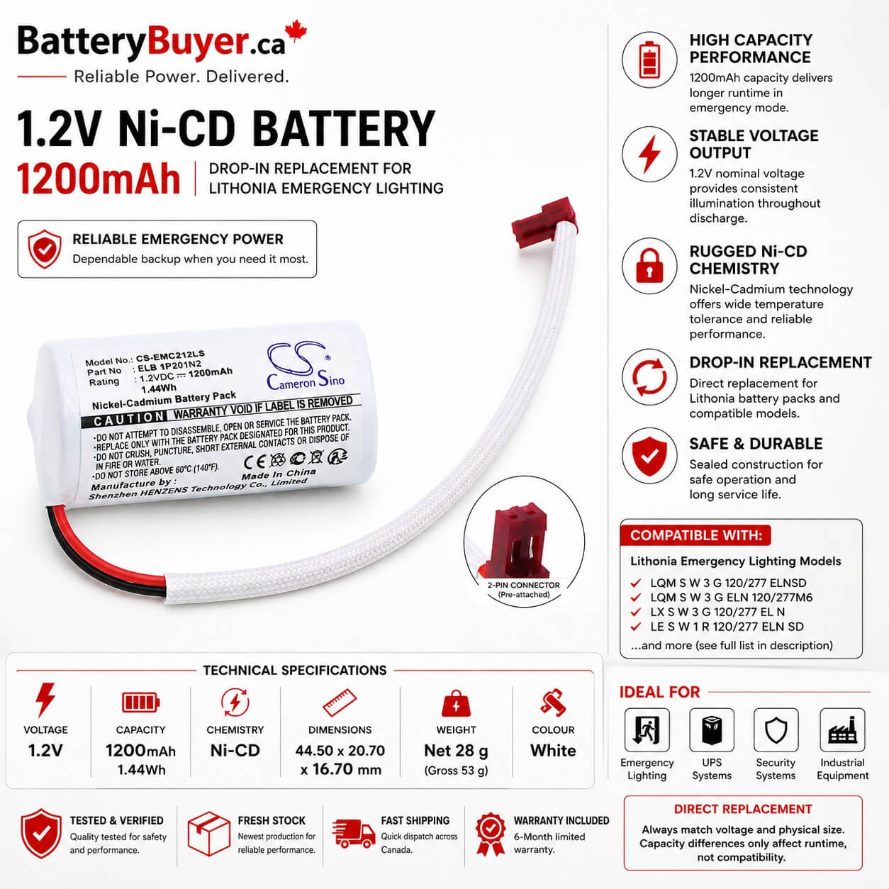1.2V, Ni-CD, 1200mAh, Battery fits Lithonia LQM S W 3 G 120/277 ELNSD, LQM S W 3 G ELN 120/277M6, 1.44Wh Emergency Lighting Cameron Sino Technology Limited