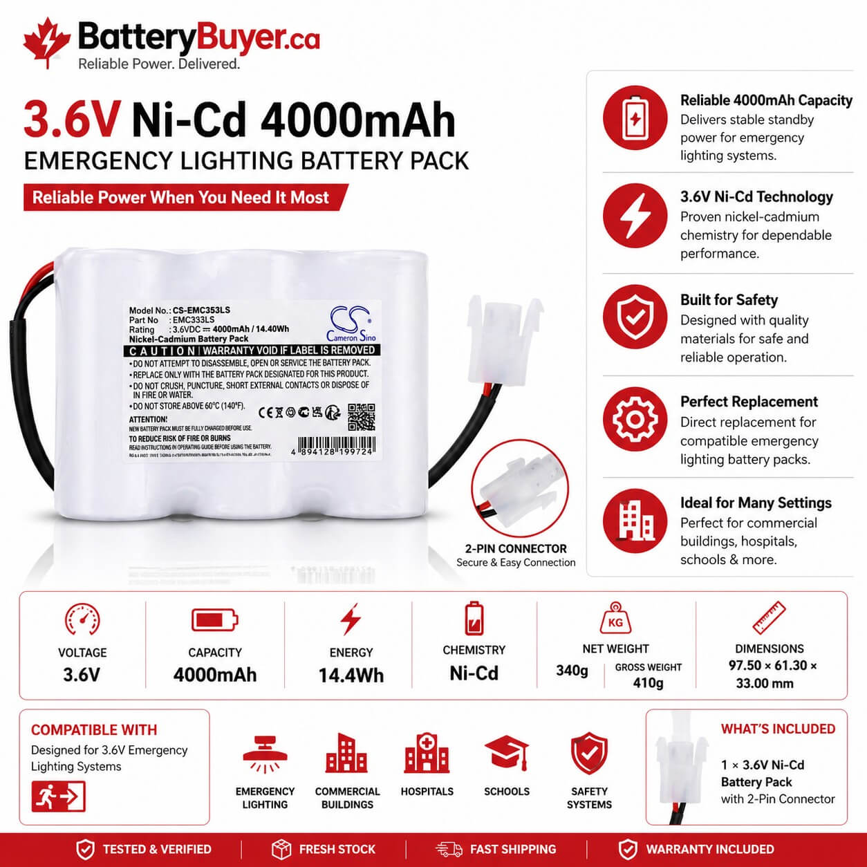 Emergency Lighting Battery 3.6V 4000mAh NiCd Emergency Lighting Cameron Sino Technology Limited