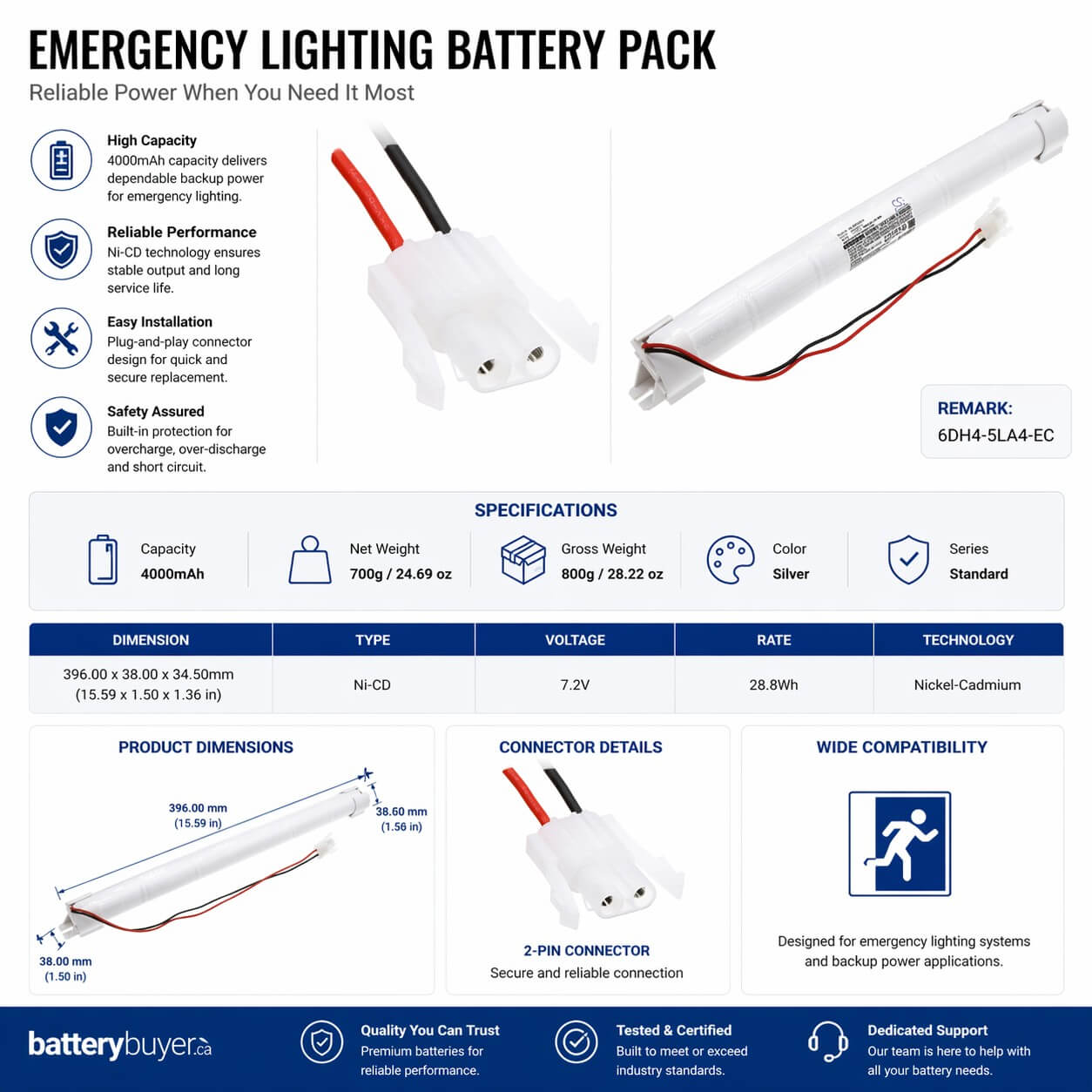Emergency Lighting Battery 7.2V 4000mAh Ni-CD â 6DH4-5LA4-EC Replacement Pack Emergency Lighting Cameron Sino Technology Limited