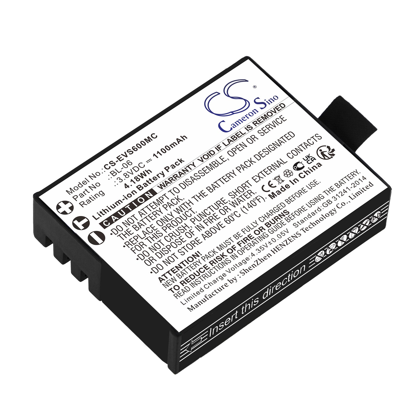 Li-ion, Camera Battery fits Ezviz S1c, S2, 3.8V, 1100mAh Camera Cameron Sino Technology Limited