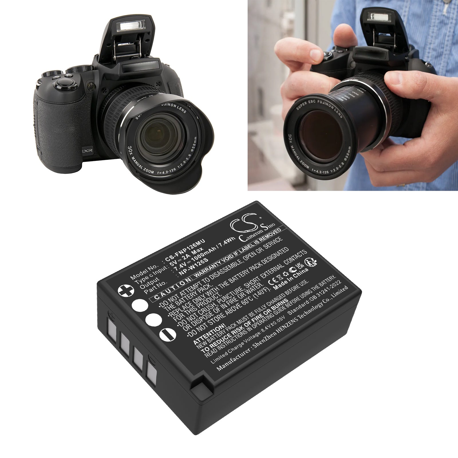 7.4V, Li-ion, 1000mAh, Battery fits Fujifilm FinePix HS30EXR, FinePix HS33EXR, 7.4Wh Camera Cameron Sino Technology Limited