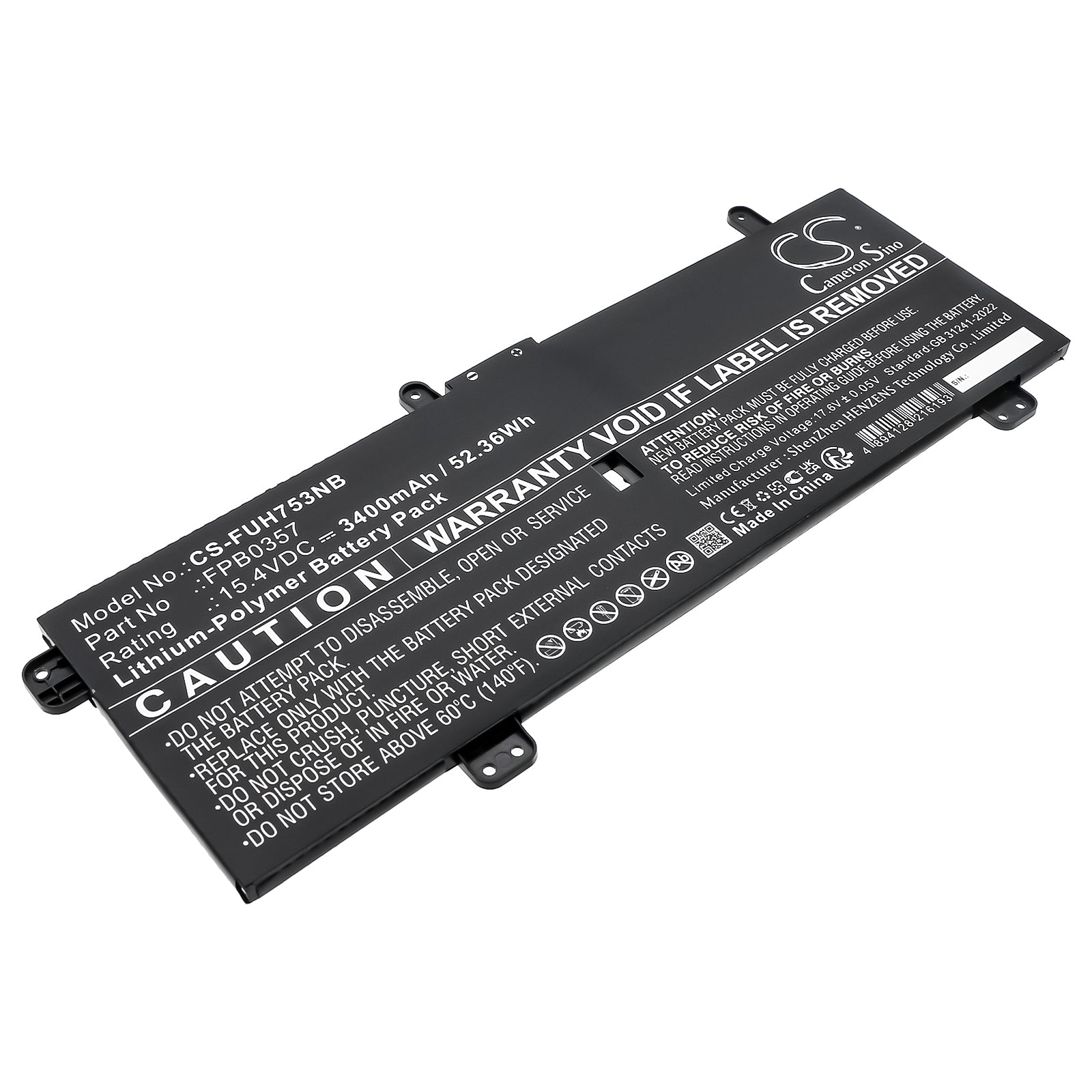 15.4V, Li-Polymer, 3400mAh, Battery fits Fujitsu LifeBook CH75/E3, LifeBook CH90/E3, 52.36Wh Tablet Cameron Sino Technology Limited