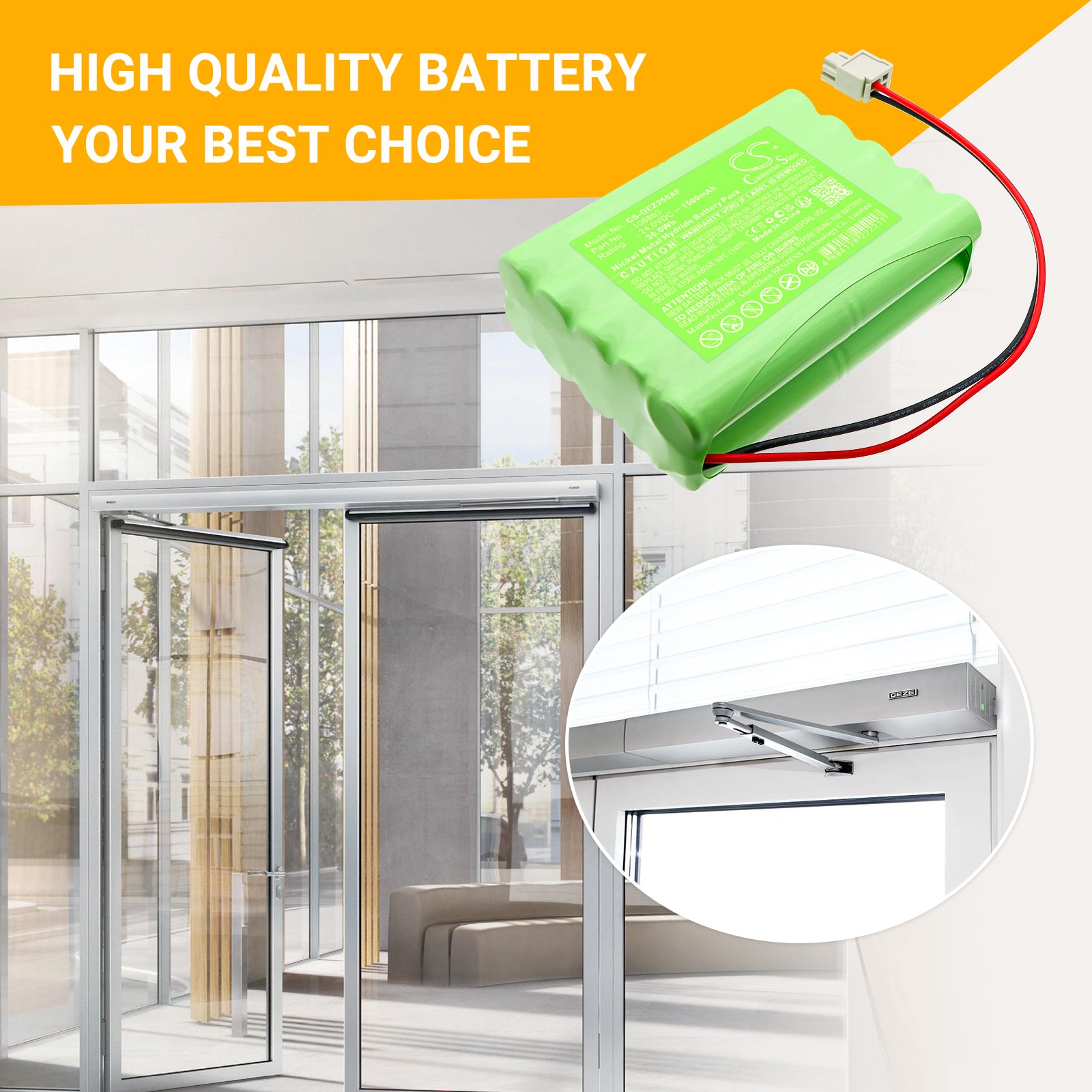 24V, Ni-MH, 1500mAh, Battery fits GEZE 106863, 80100404, 36Wh Automatic Doors Cameron Sino Technology Limited