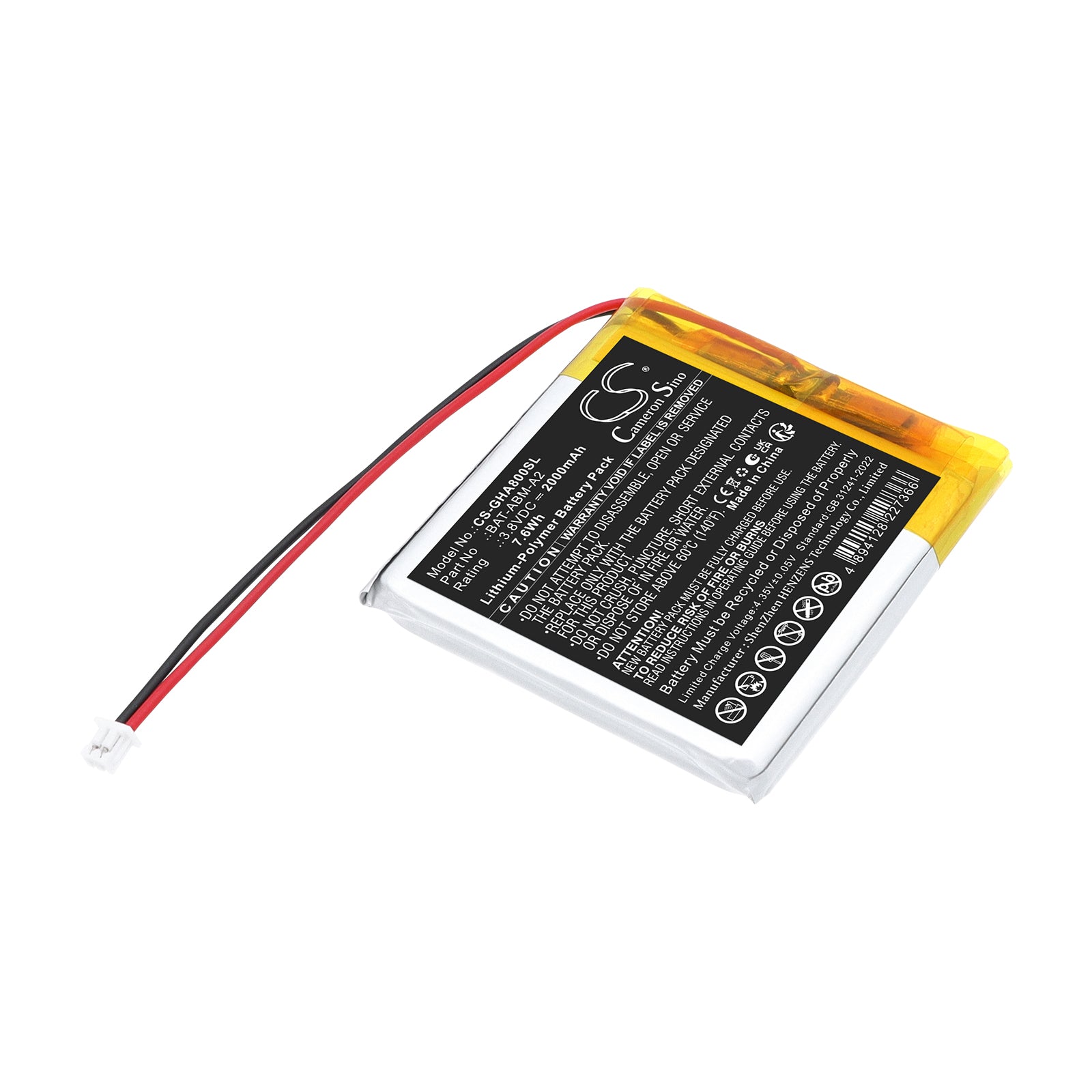 3.8V, Li-Polymer, 2000mAh, Battery fits GHB ABM800, 7.6Wh BabyPhone Cameron Sino Technology Limited