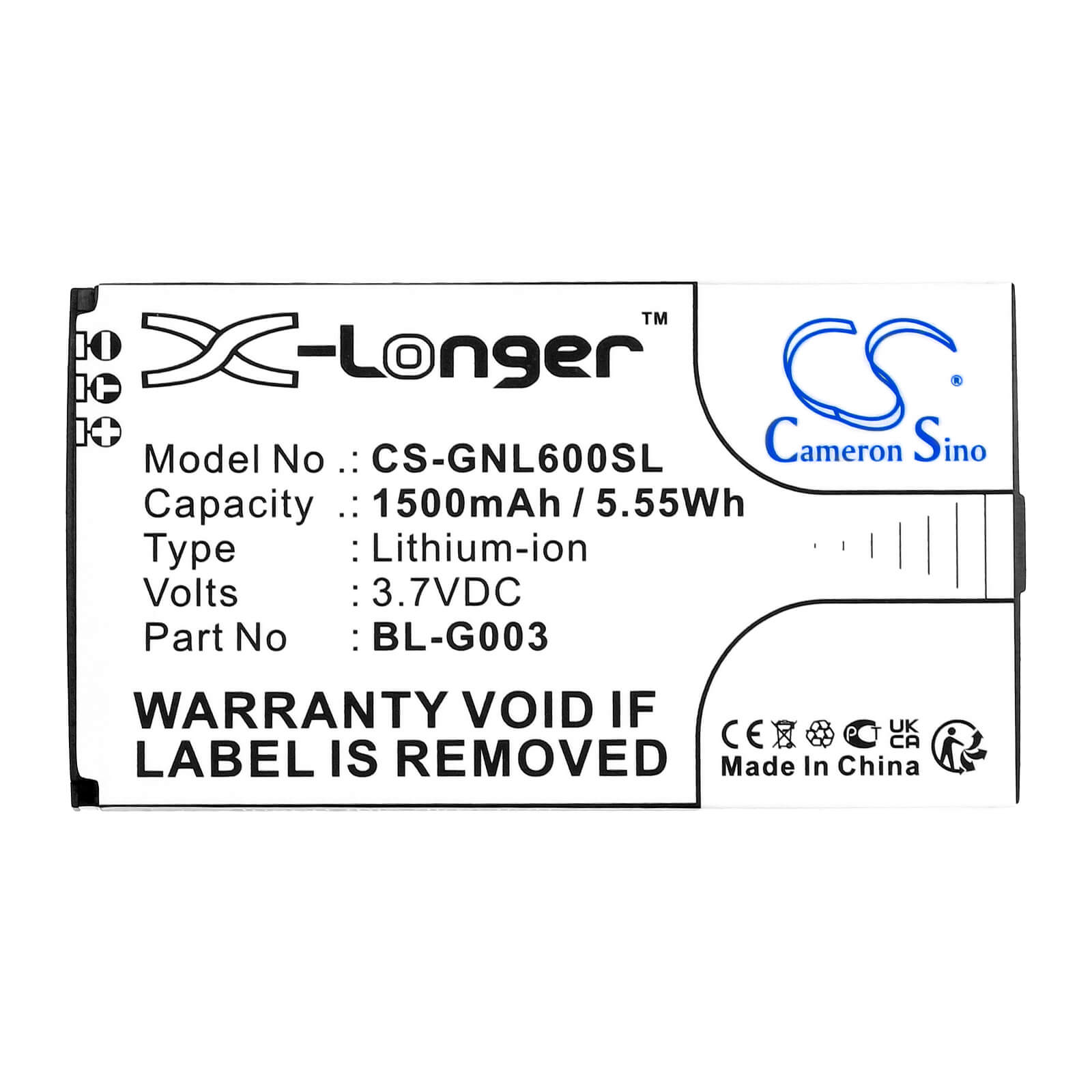 Li-ion Battery fits Gionee, l600, l601, td100 3.7V, 1800mAh Mobile & SmartPhone Cameron Sino Technology Limited