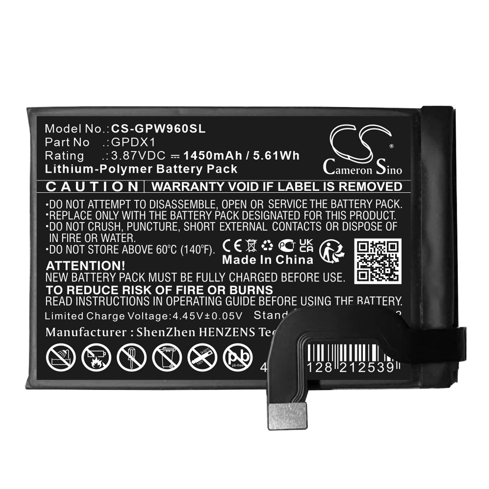 3.87V, Li-Polymer, 1450mAh, Battery fits Google G0B96, G9FPL, 5.61Wh Mobile, SmartPhone Cameron Sino Technology Limited