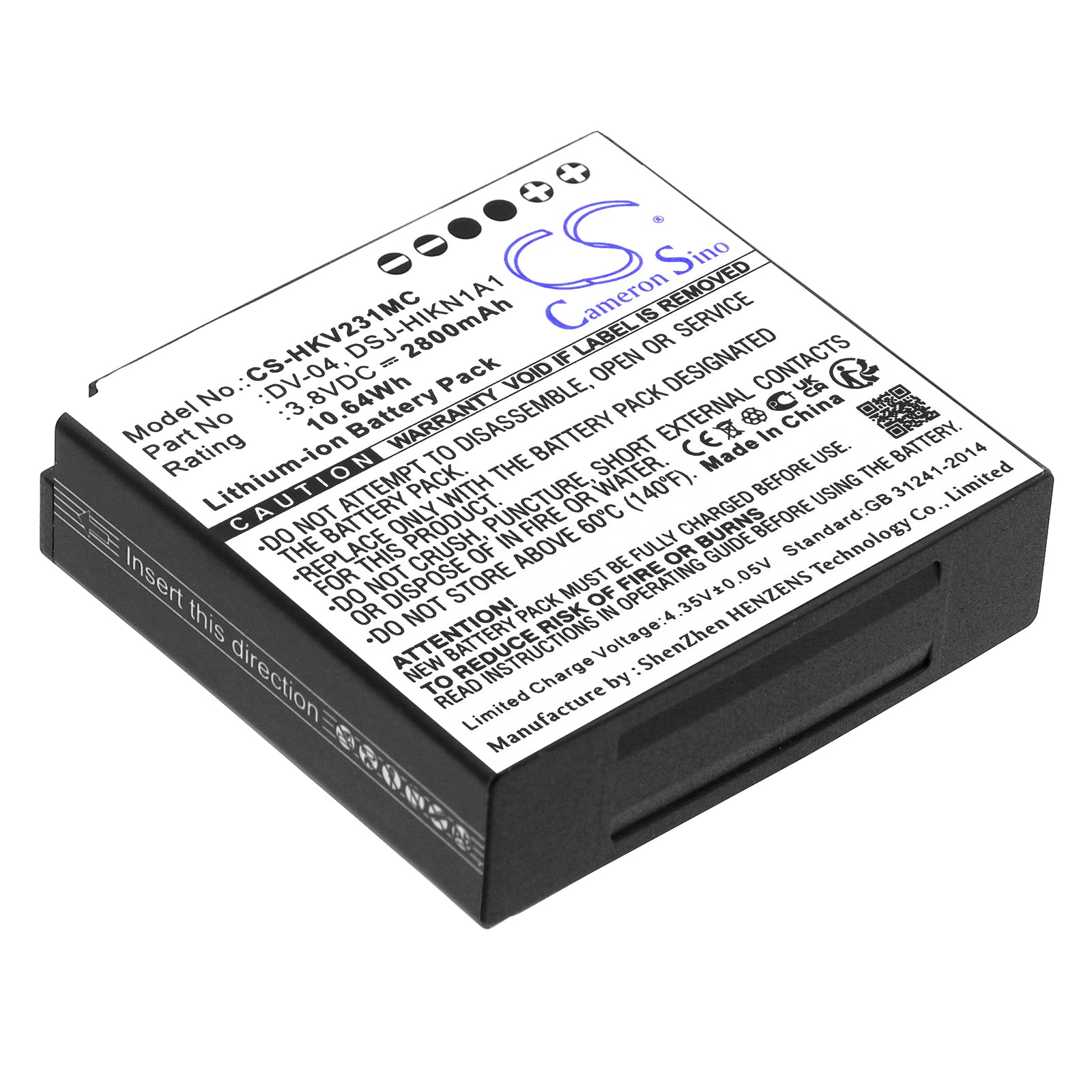 Li-ion, Body Camera Battery fits Hikvision Dsj-hikn1a1, Ds-mh1310-n1, 3.8V, 2800mAh Body Camera Cameron Sino Technology Limited