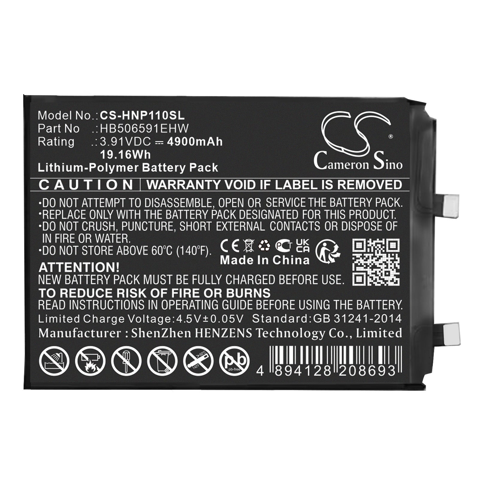 3.91V, Li-Polymer, 4900mAh, Battery fits Honor 100 Pro, MAA-AN10, 19.16Wh Mobile, SmartPhone Cameron Sino Technology Limited
