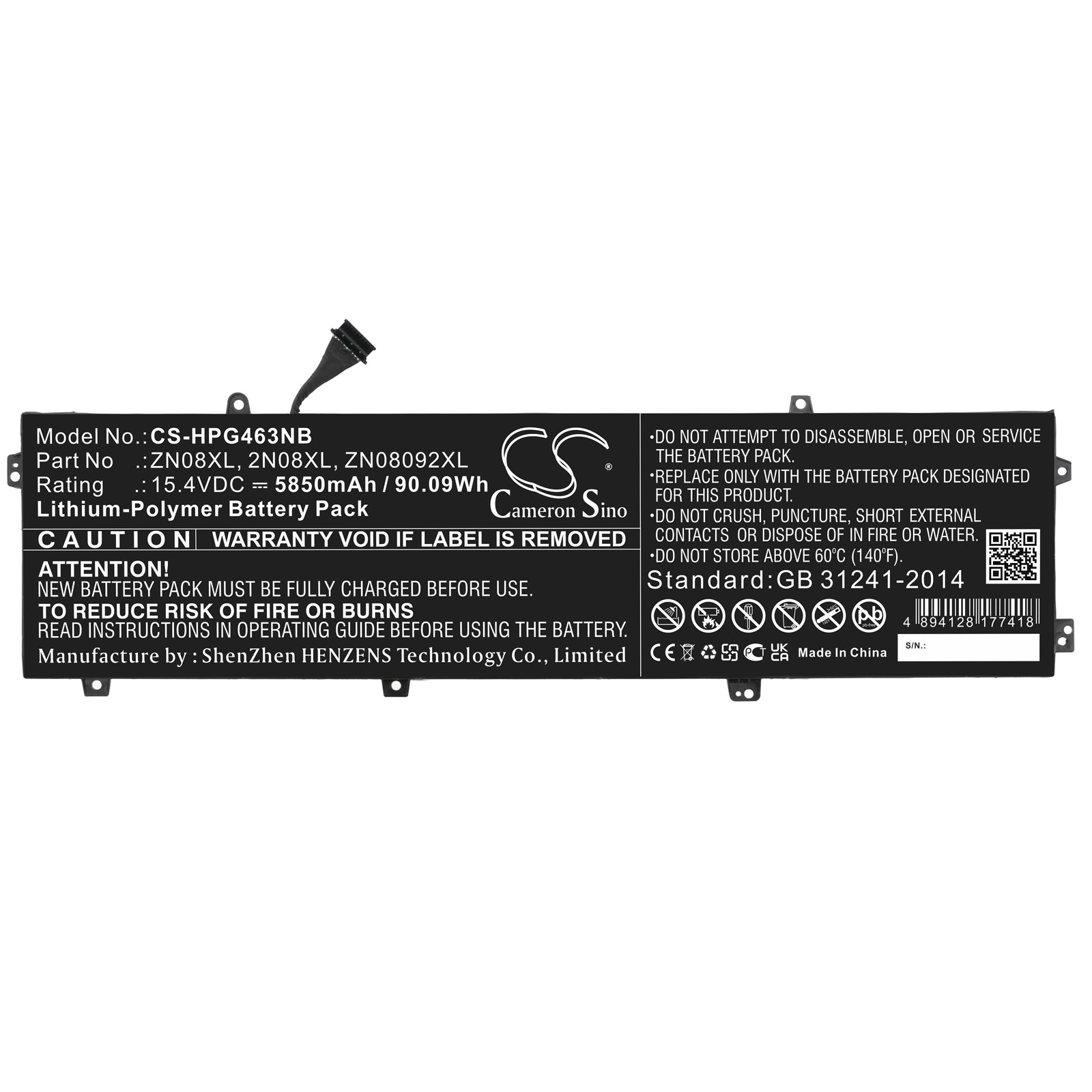Li-Polymer, Notebook, Laptop Battery fits Hp Zbook Studio G3 V8n22pa, Zbook Studio G3 V8n23pa, 15.4V, 5850mAh Notebook, Laptop Cameron Sino Technology Limited