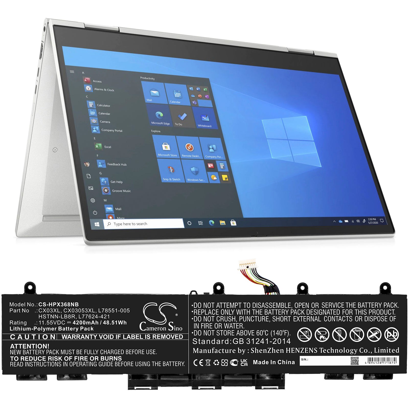 Li-Polymer, Notebook, Laptop Battery fits Hp Elitebook 855 G7, Elitebook X360 830 G7, 11.55V, 4200mAh Notebook, Laptop Cameron Sino Technology Limited