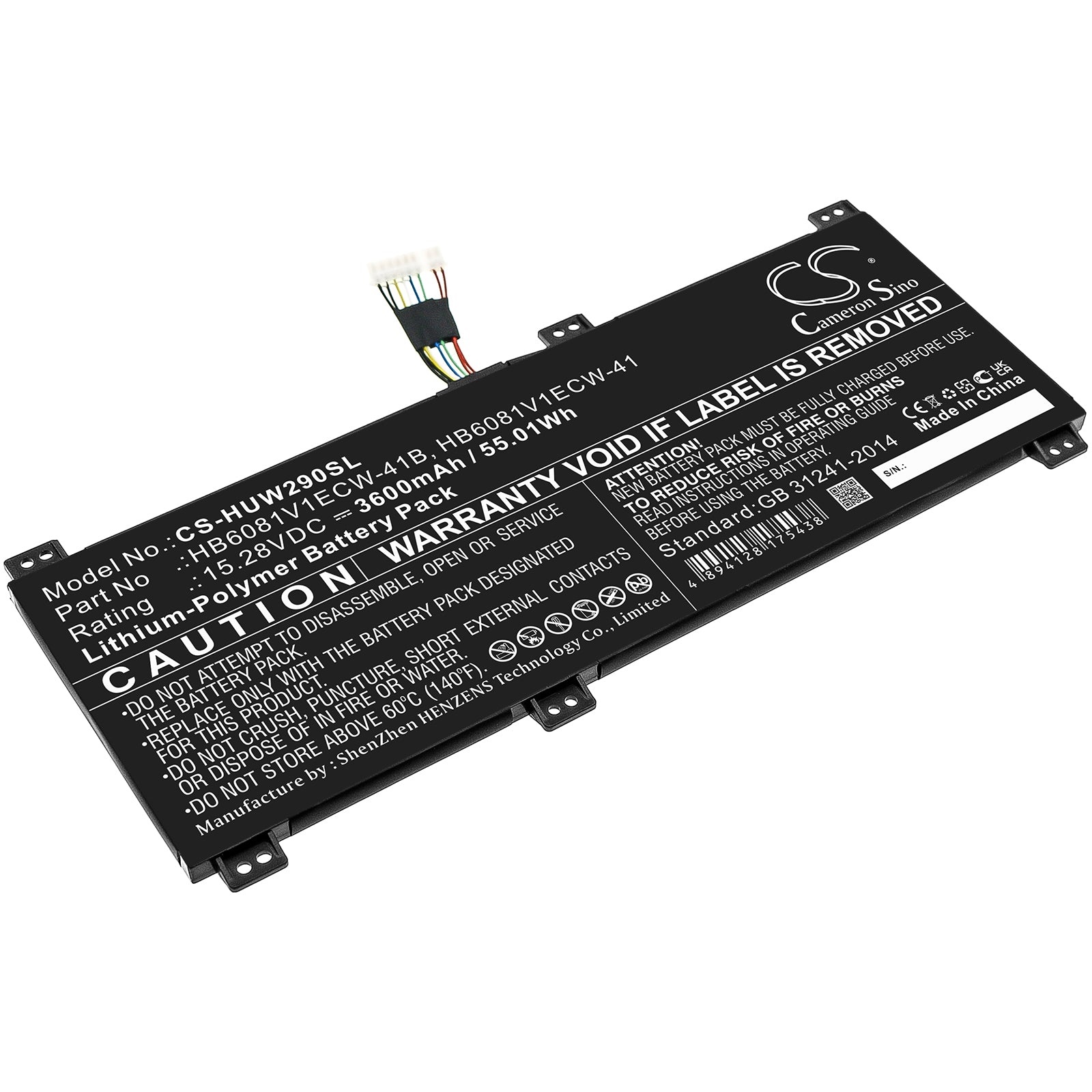 Li-Polymer, Notebook, Laptop Battery fits Huawei Hbl-w19, Hbl-w29, 15.28V, 3600mAh Notebook, Laptop Cameron Sino Technology Limited