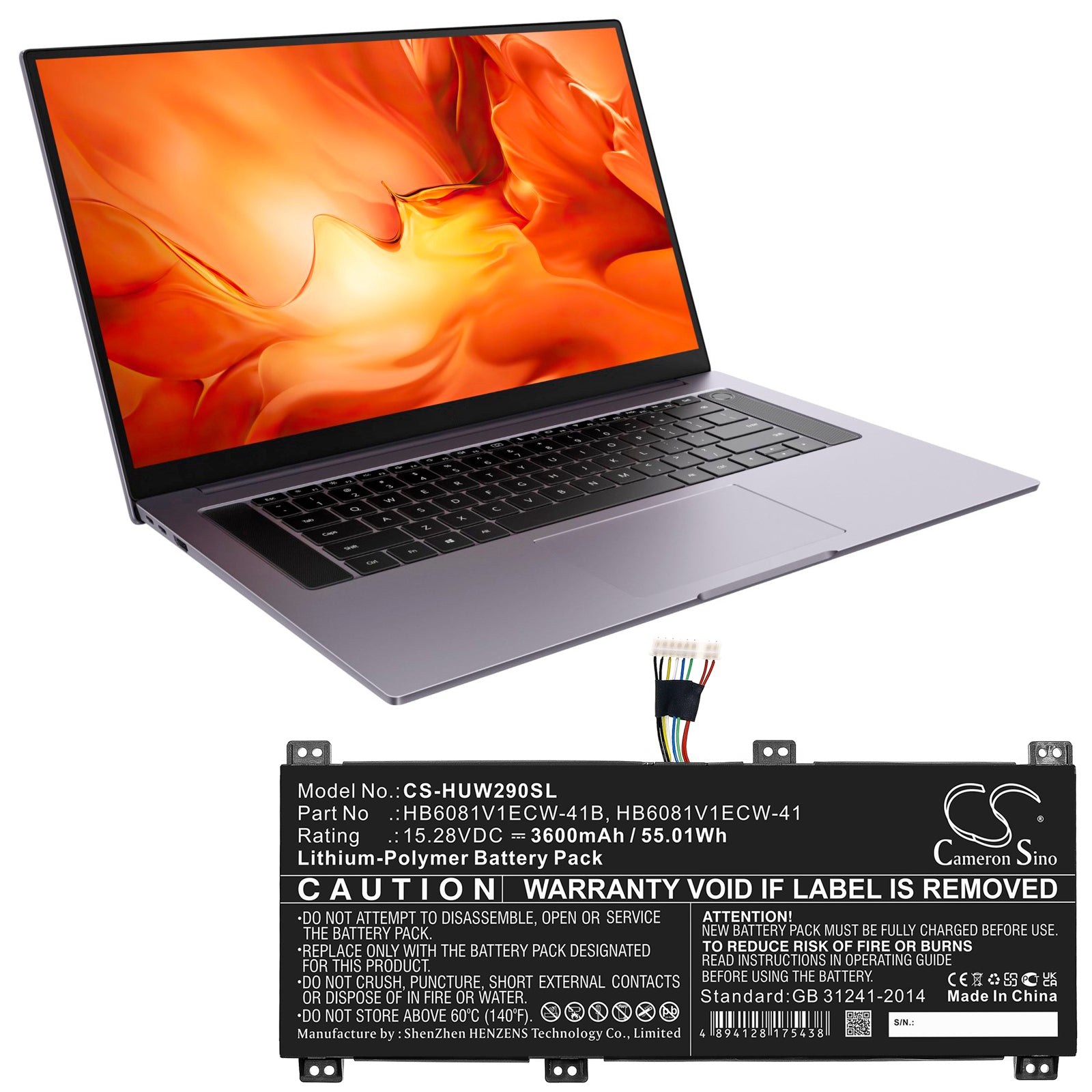 Li-Polymer, Notebook, Laptop Battery fits Huawei Hbl-w19, Hbl-w29, 15.28V, 3600mAh Notebook, Laptop Cameron Sino Technology Limited