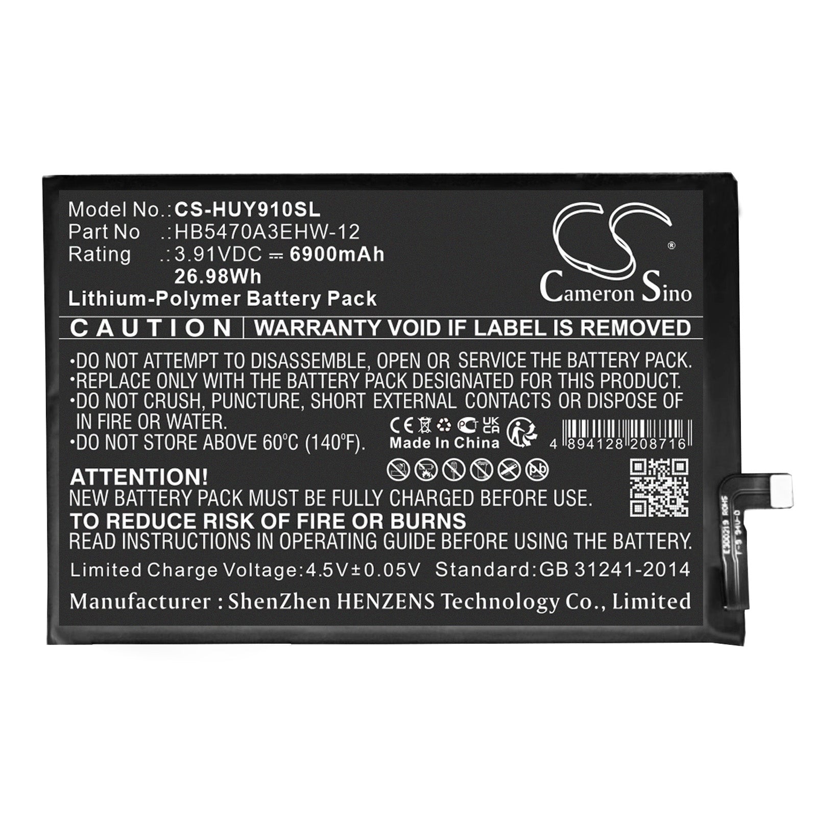3.91V, Li-Polymer, 6900mAh, Battery fits Huawei STG-LX1, STG-LX2, 26.98Wh Mobile, SmartPhone Cameron Sino Technology Limited