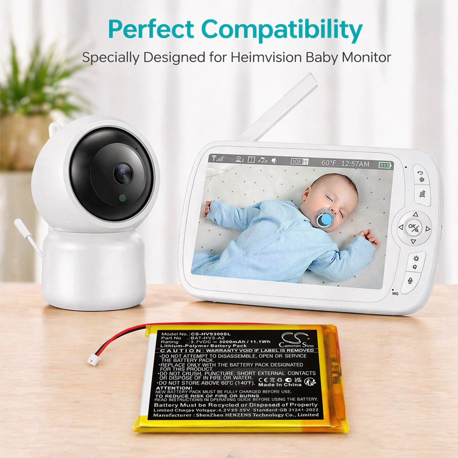3.7V, Li-Polymer, 3000mAh, Battery fits HeimVision Soothe 3 baby monitor, 11.1Wh BabyPhone Cameron Sino Technology Limited