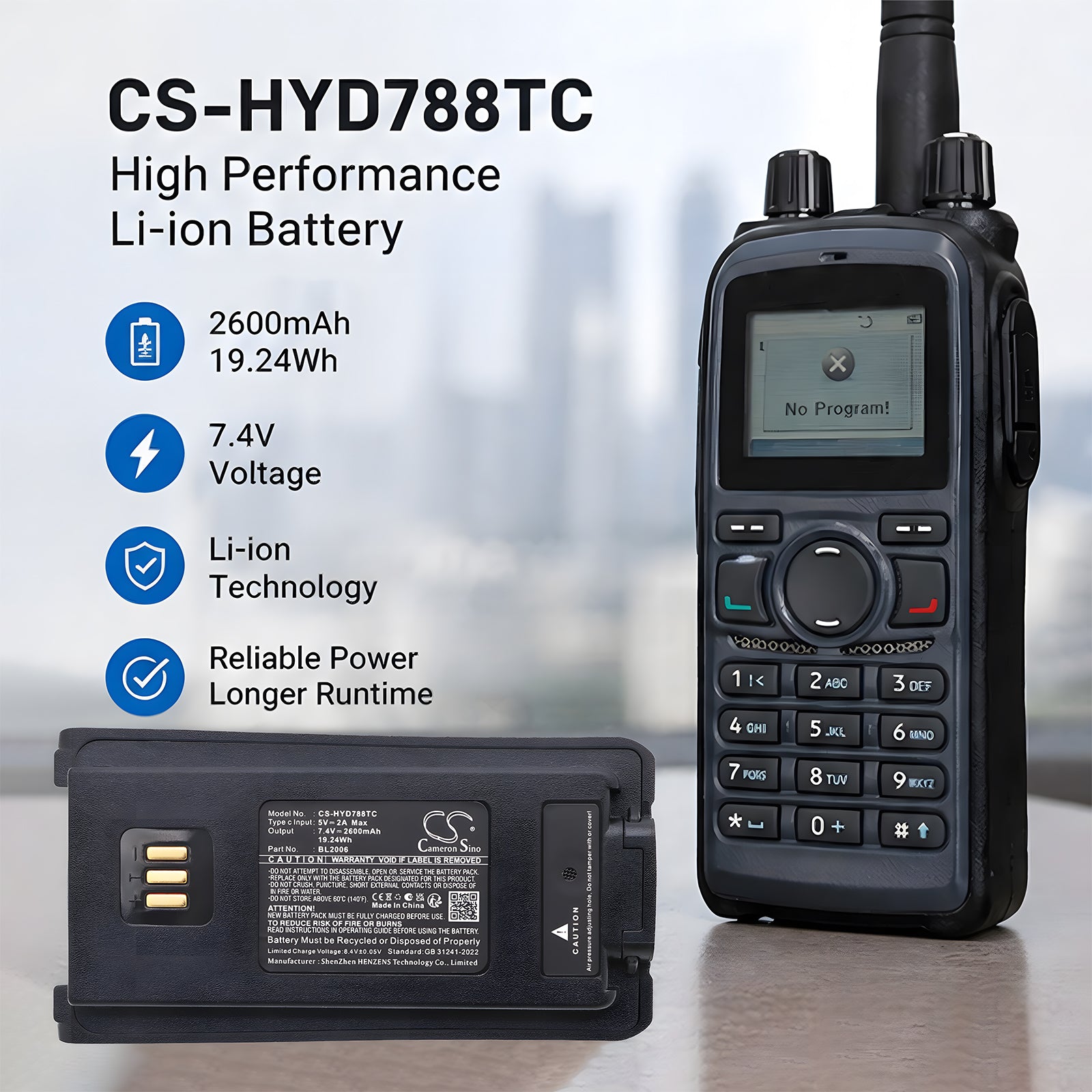 7.4V, Li-ion, 2600mAh, Battery fits Harris HDP100, HDP150, 19.24Wh Two-Way Radio Cameron Sino Technology Limited