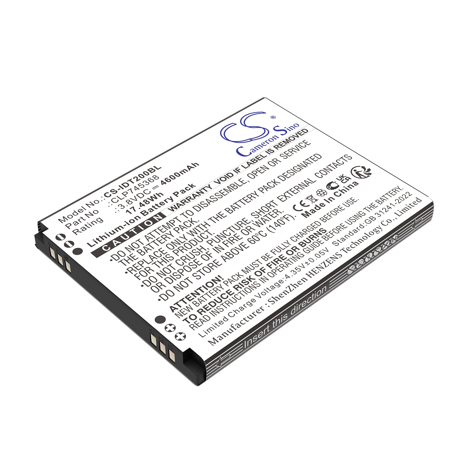 3.8V, Li-ion, 4600mAh, Battery fits IDATA T3, X2P, 17.48Wh Barcode Scanner Cameron Sino Technology Limited