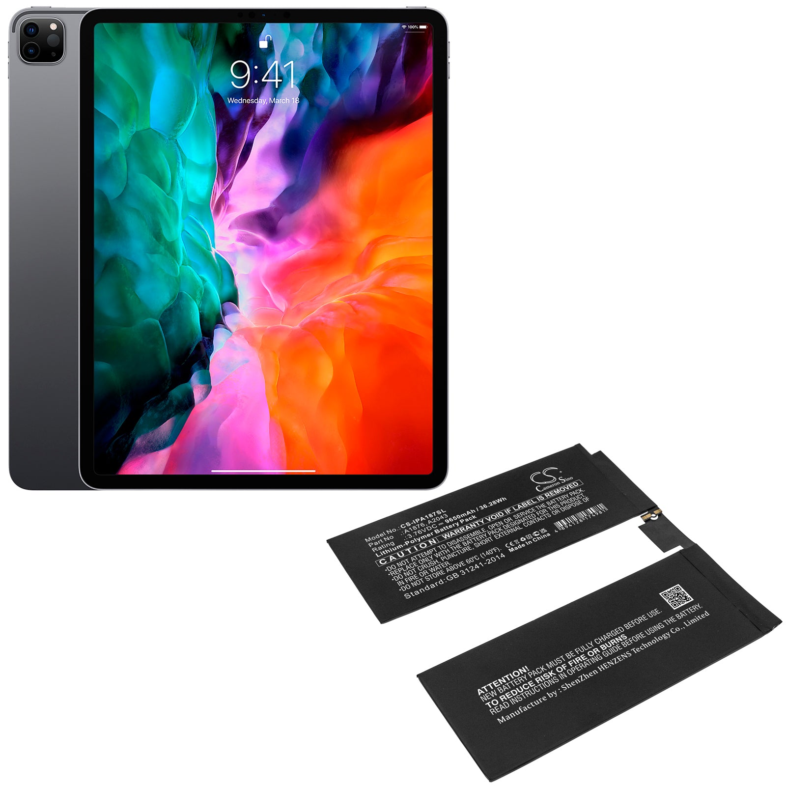 Li-Polymer, Tablet Battery fits Apple A1876, A1895, 3.76V, 9650mAh Tablet Cameron Sino Technology Limited