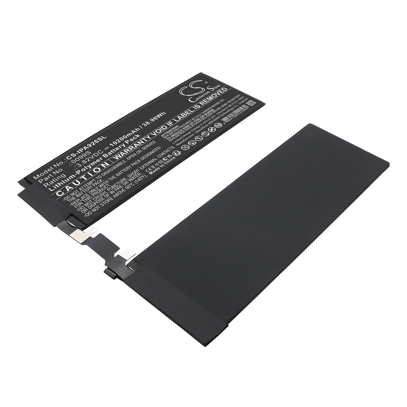 3.82V, Li-Polymer, 10200mAh, Battery fits Apple A2925, A2926, 38.96Wh Tablet Cameron Sino Technology Limited