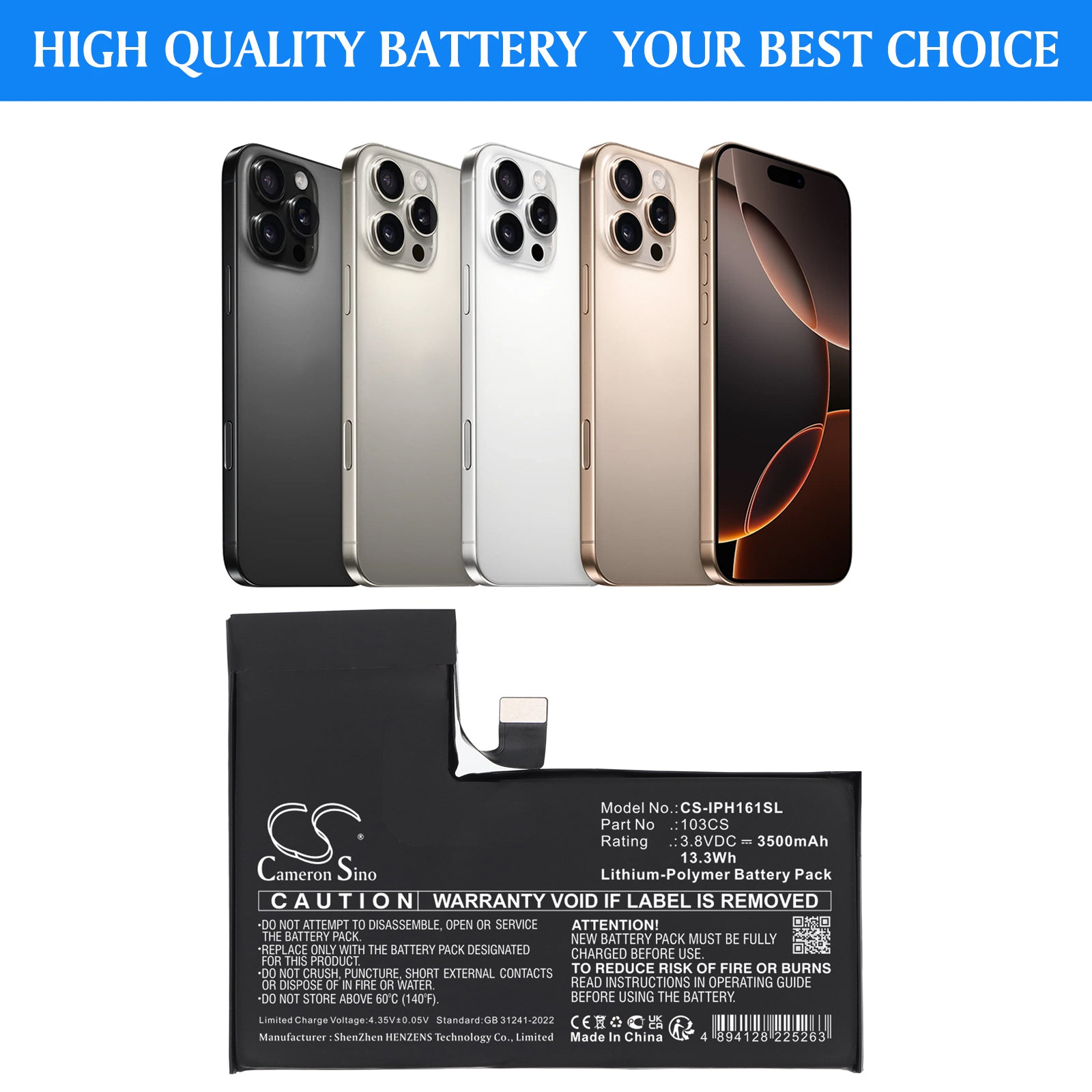 3.8V, Li-Polymer, 3500mAh, Battery fits Apple A3083, A3292, 13.3Wh Mobile, SmartPhone Cameron Sino Technology Limited
