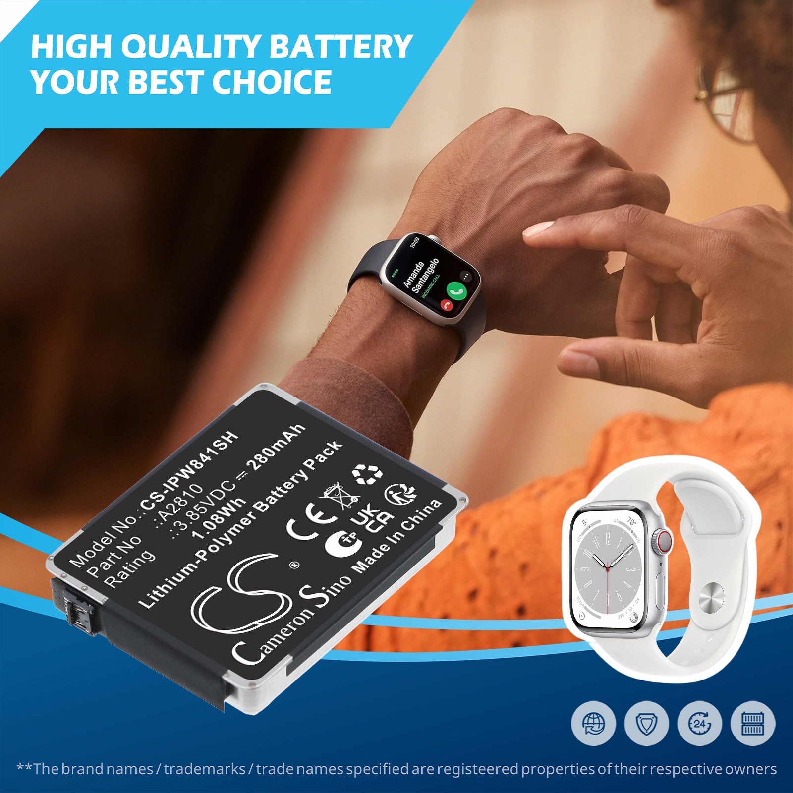3.85V, Li-Polymer, 280mAh, Battery fits Apple A2770, A2772, 1.08Wh Smartwatch Cameron Sino Technology Limited