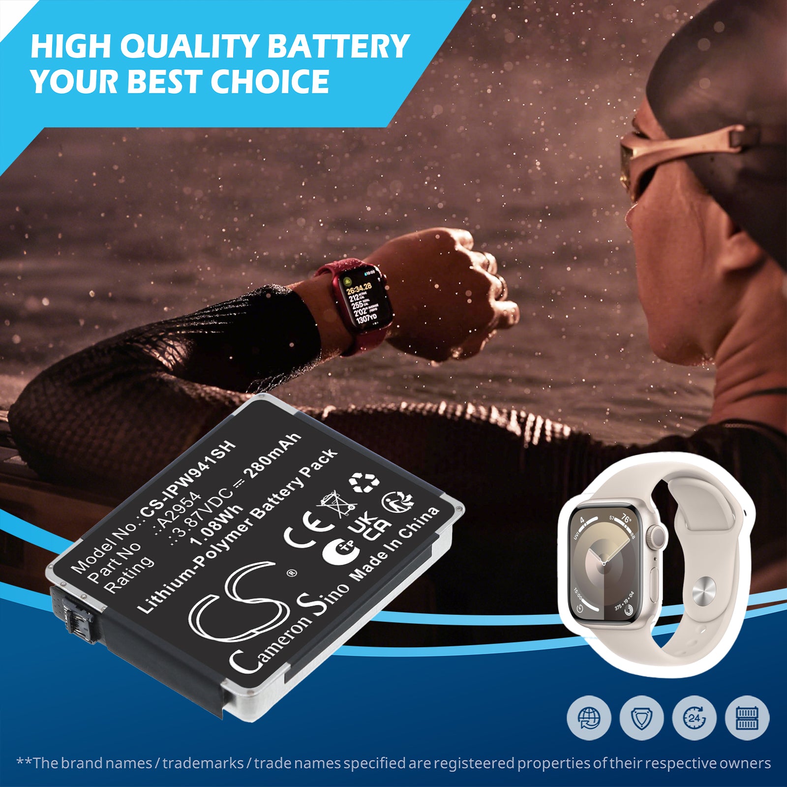 3.87V, Li-Polymer, 280mAh, Battery fits Apple MR913LL/A, Watch Series S9 41mm, 1.08Wh Smartwatch Cameron Sino Technology Limited