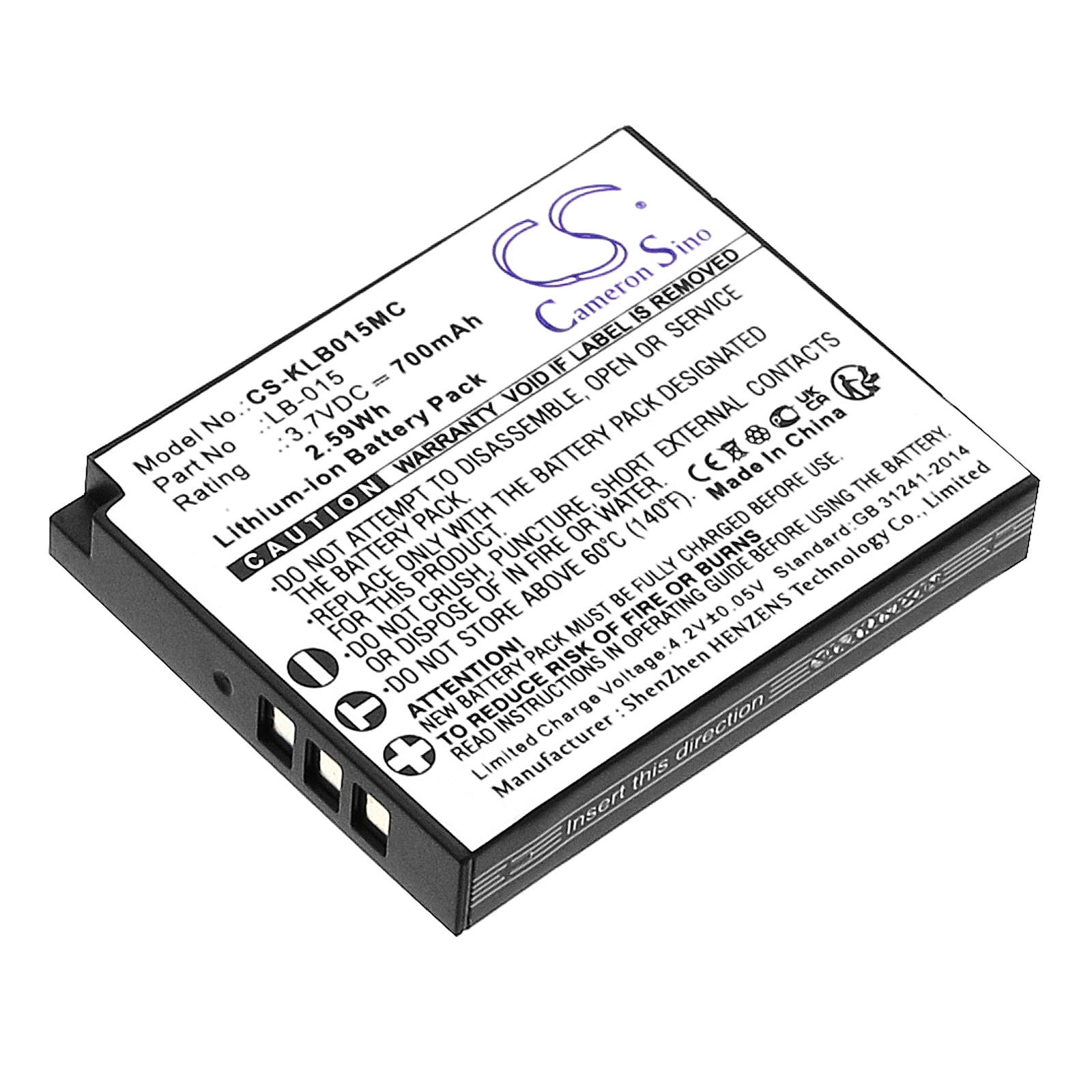 Li-ion, Camera Battery fits Kodak Wpz2, 3.7V, 700mAh Camera Cameron Sino Technology Limited