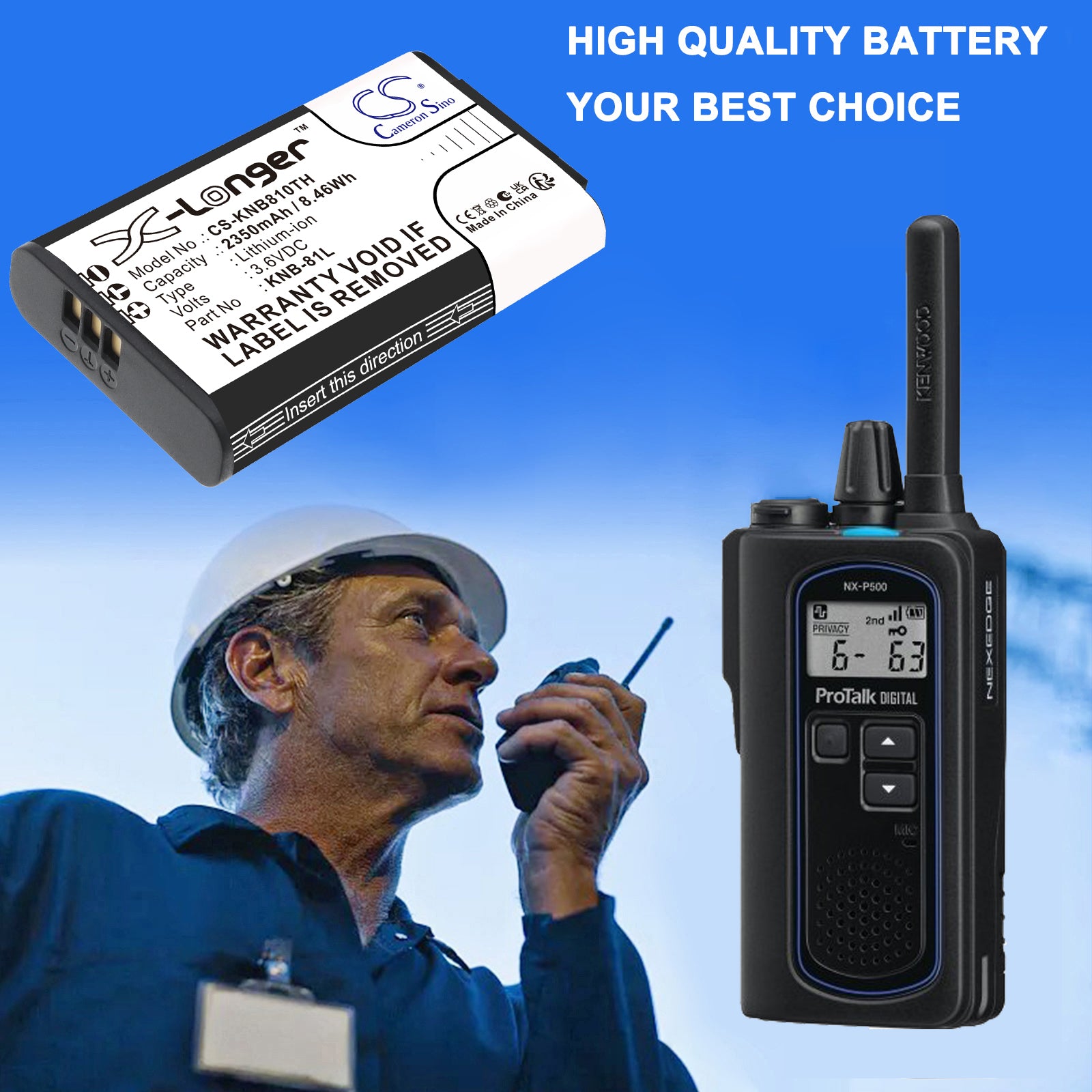 3.6V, Li-ion, 2350mAh, Battery fits Kenwood NX-P500, PKT-300, 8.46Wh Two-Way Radio Cameron Sino Technology Limited