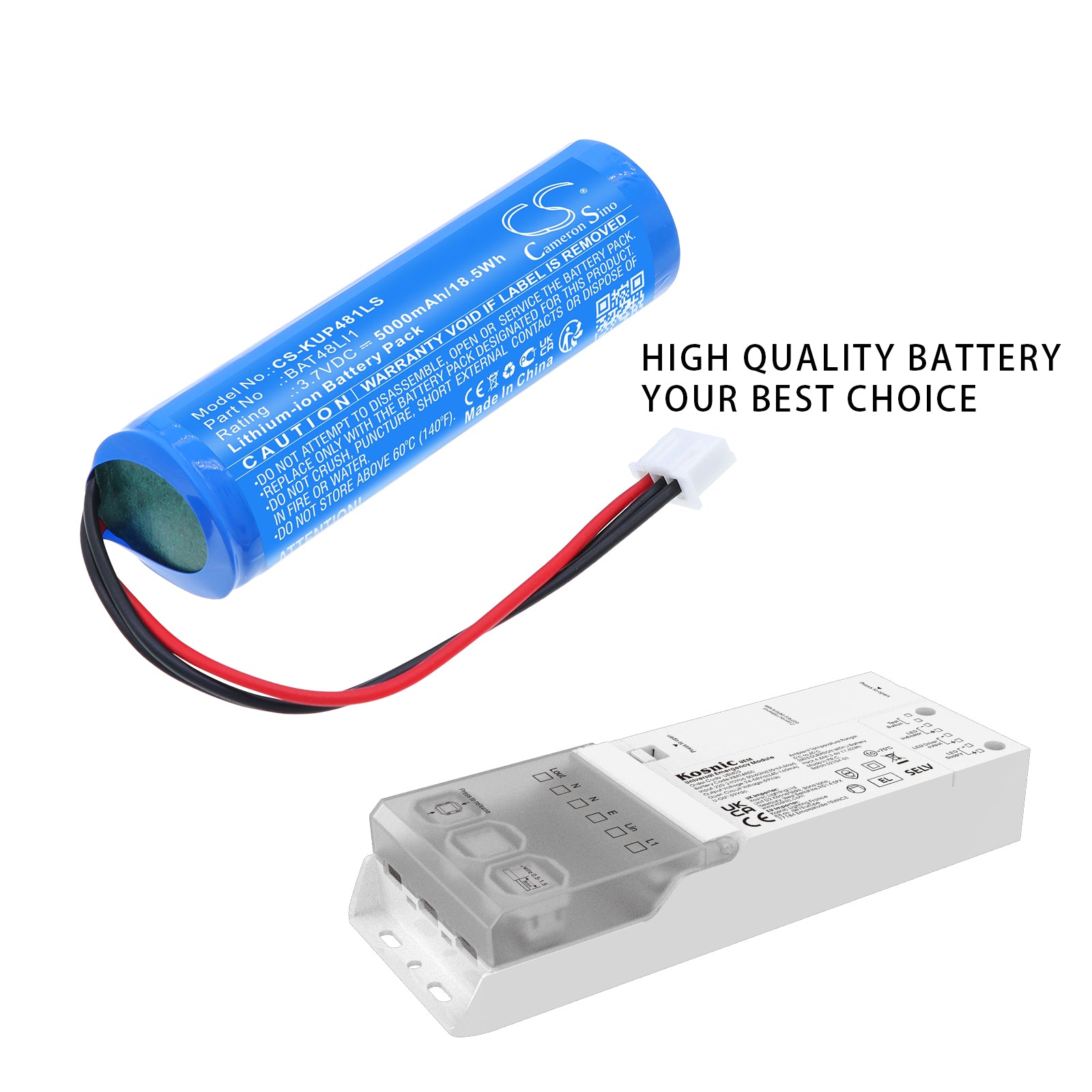 3.7V, Li-ion, 5000mAh, Battery fits Kosnic UEM03, UEM Pro Universal Emergency Module, 18.5Wh Emergency Lighting Cameron Sino Technology Limited