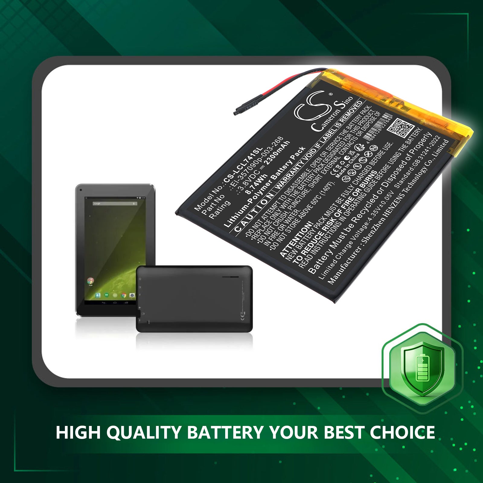 3.8V, Li-Polymer, 2300mAh, Battery fits Logicom L-ement Tab 741, 8.74Wh Mobile, SmartPhone Cameron Sino Technology Limited