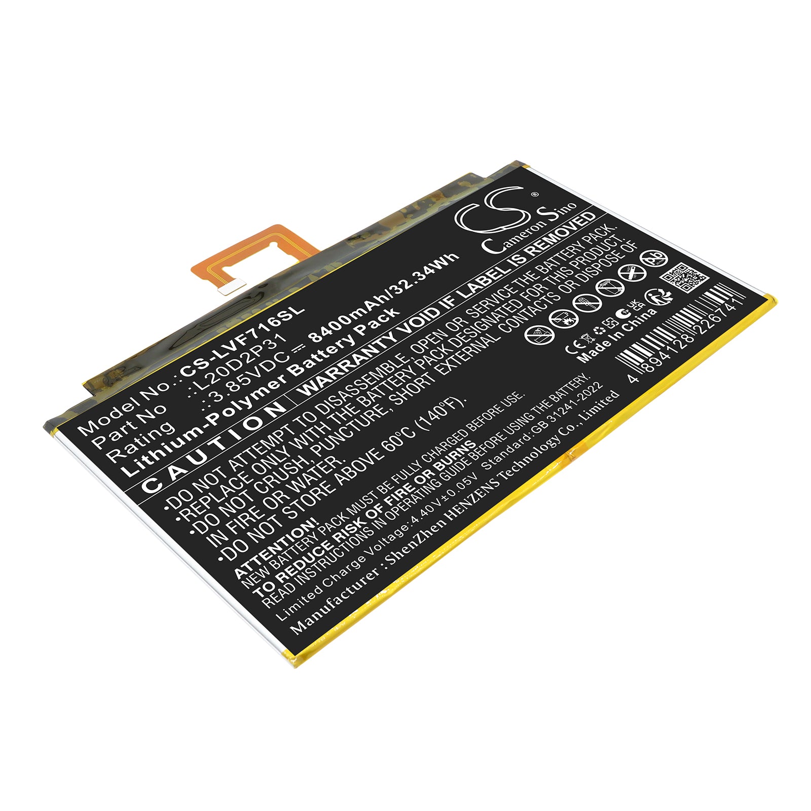 3.85V, Li-Polymer, 8400mAh, Battery fits Lenovo Pad Pro 2021, TB-J706F, 32.34Wh Tablet Cameron Sino Technology Limited