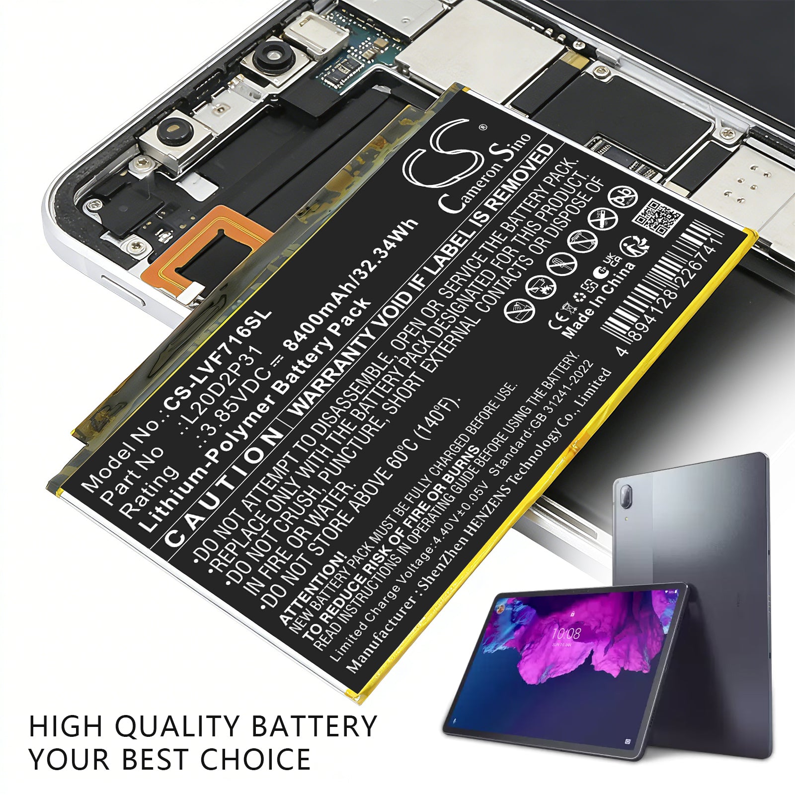 3.85V, Li-Polymer, 8400mAh, Battery fits Lenovo Pad Pro 2021, TB-J706F, 32.34Wh Tablet Cameron Sino Technology Limited