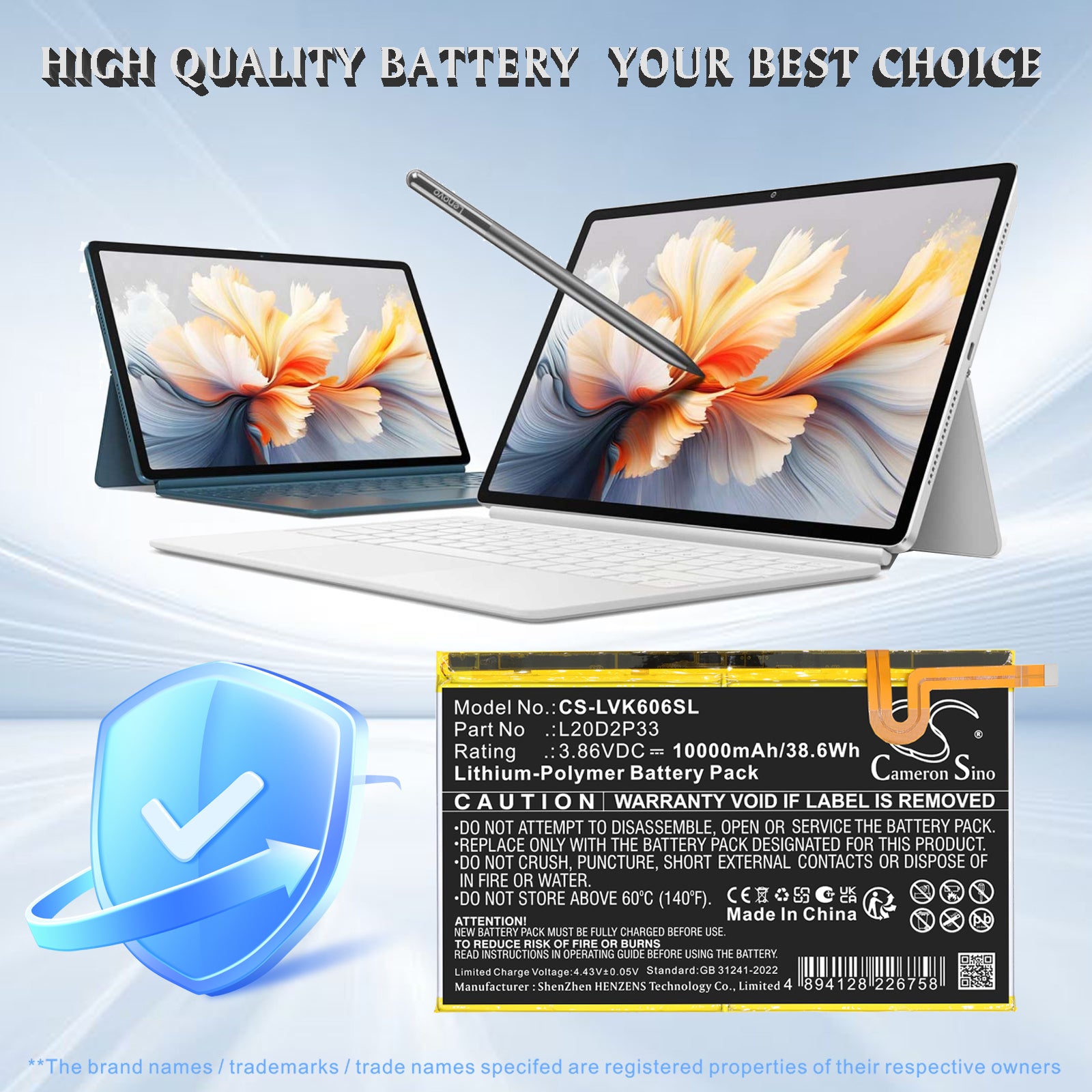 3.86V, Li-Polymer, 10000mAh, Battery fits Lenovo Yoga Pad Pro, YT-K606FW, 38.6Wh Tablet Cameron Sino Technology Limited