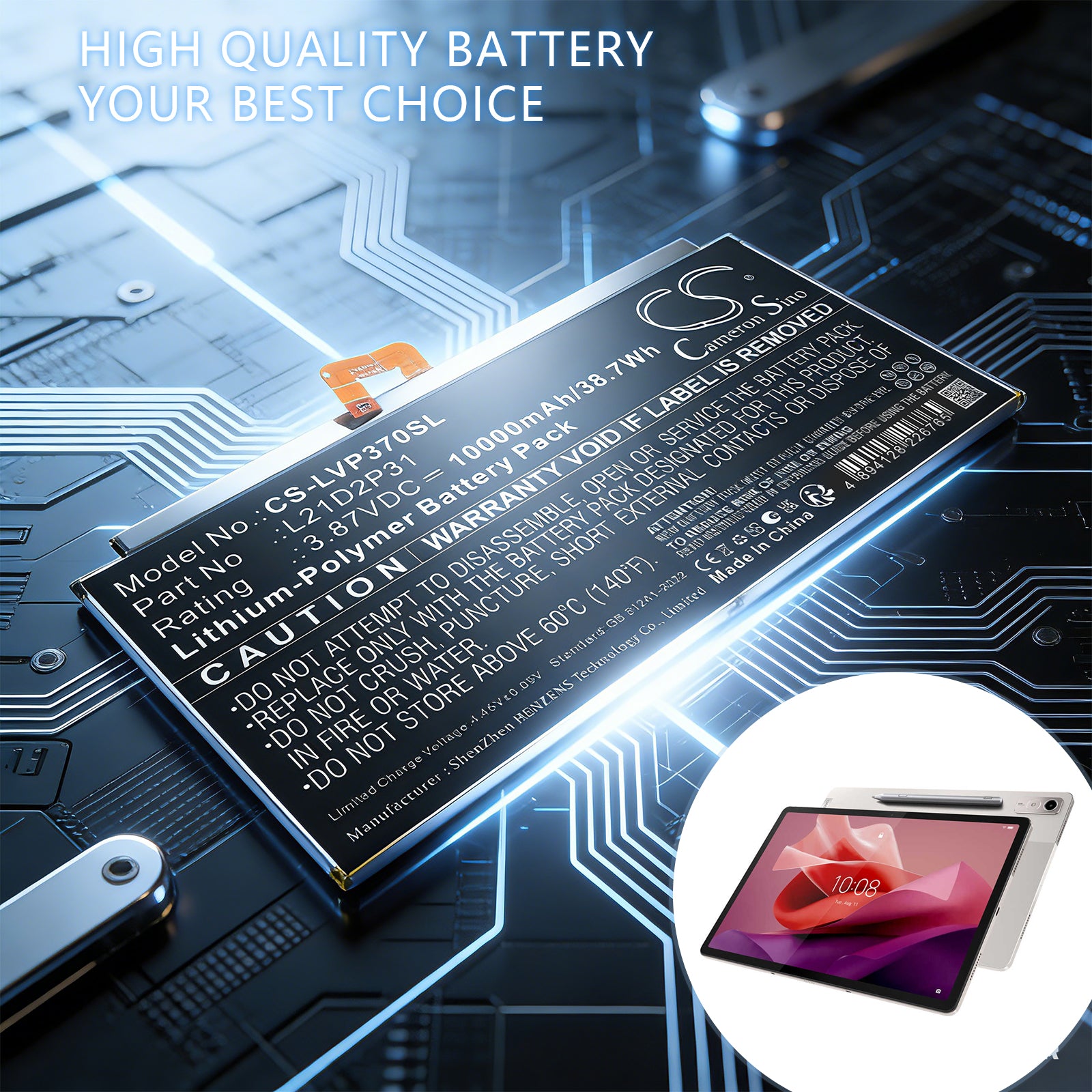 3.87V, Li-Polymer, 10000mAh, Battery fits Lenovo Tab P12, Tab P12 2023, 38.7Wh Tablet Cameron Sino Technology Limited