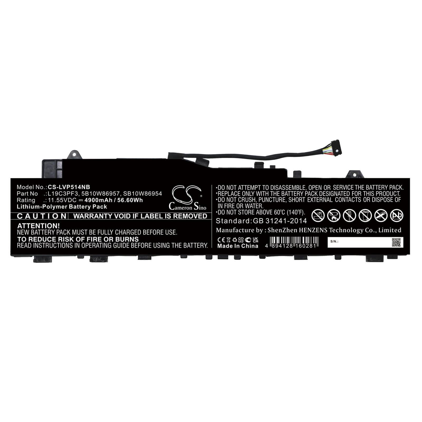 Li-ion Notebook Battery fits Lenovo, 5b10w86957, L19c3pf3, Sb10w86954 11.55V, 4900mAh Notebook & Laptop Cameron Sino Technology Limited