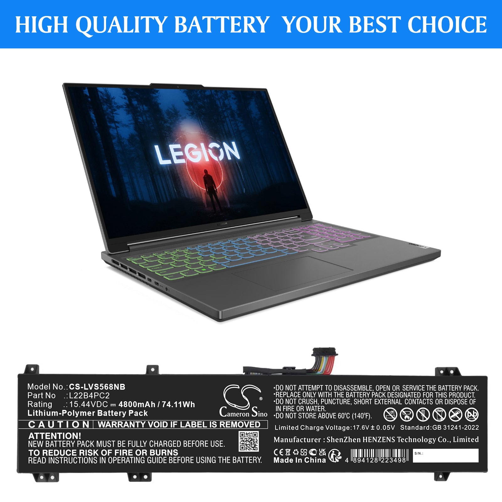 15.44V, Li-Polymer, 4800mAh, Battery fits Lenovo Legion Slim 5 16APH8 82Y90005JP, Legion Slim 5 16APH8 82Y90006TA, 74.11Wh Notebook, Laptop Cameron Sino Technology Limited