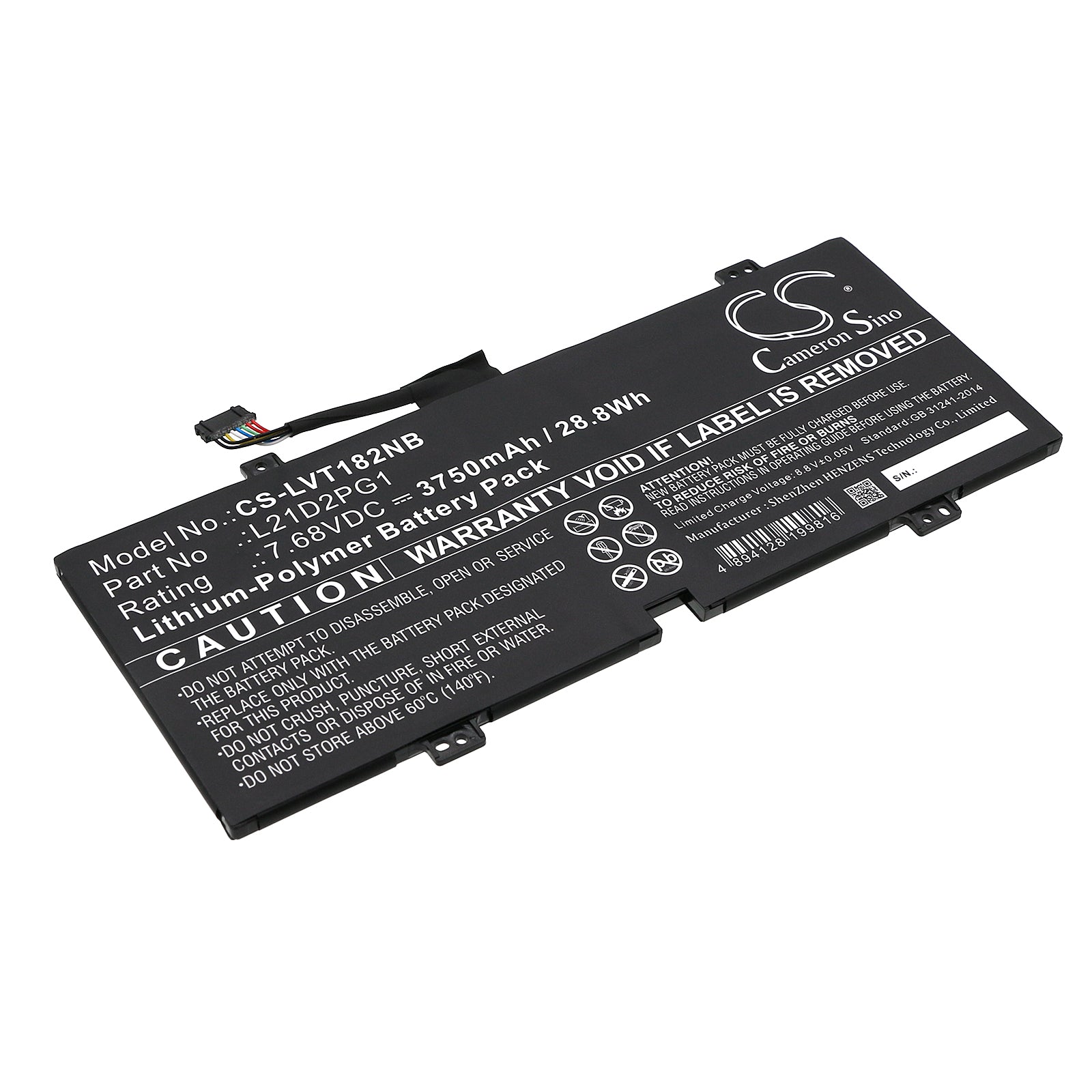 Li-Polymer, Notebook, Laptop Battery fits Lenovo 10w-82st Tablet, 10w-82st0000jp, 7.68V, 3750mAh Notebook, Laptop Cameron Sino Technology Limited