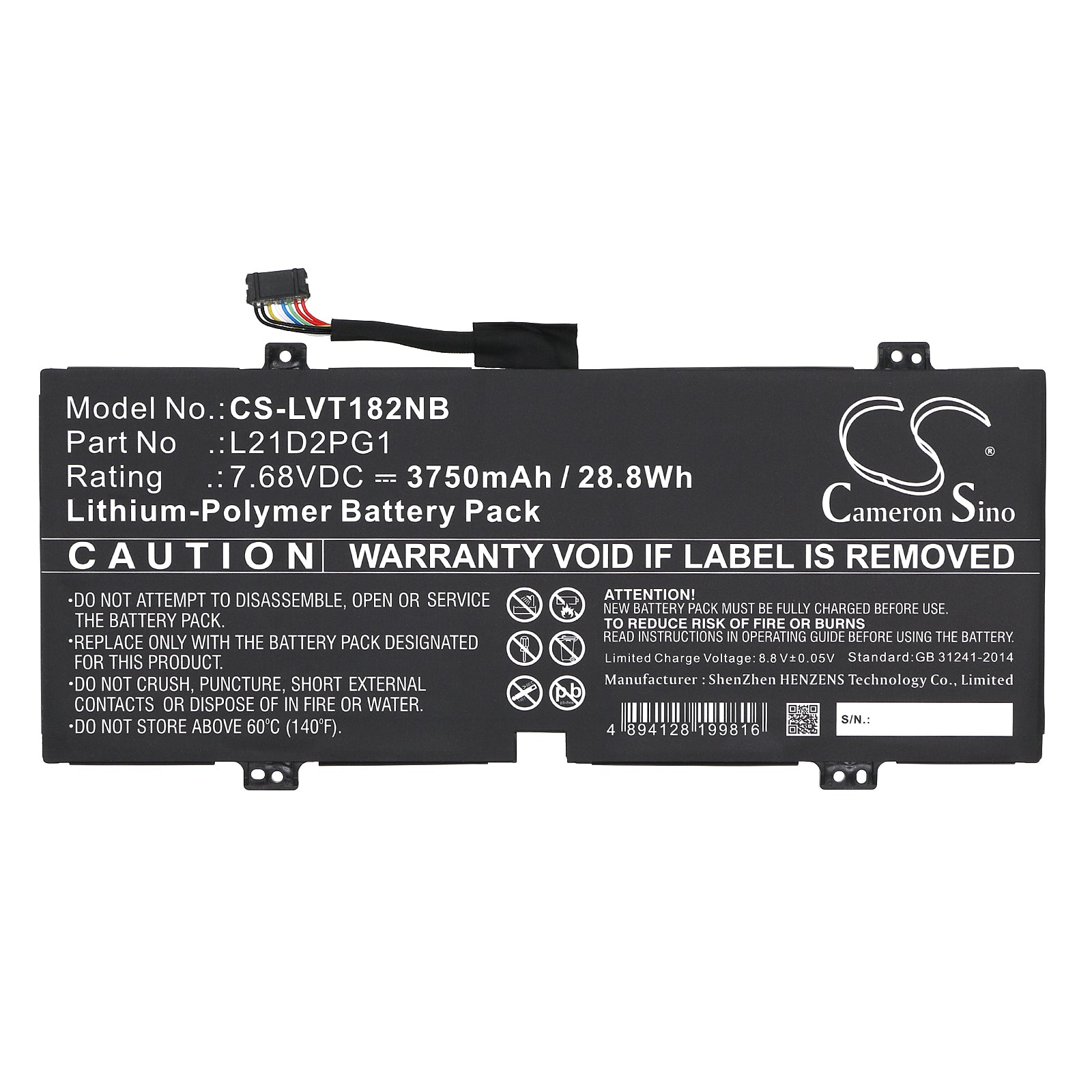 Li-Polymer, Notebook, Laptop Battery fits Lenovo 10w-82st Tablet, 10w-82st0000jp, 7.68V, 3750mAh Notebook, Laptop Cameron Sino Technology Limited