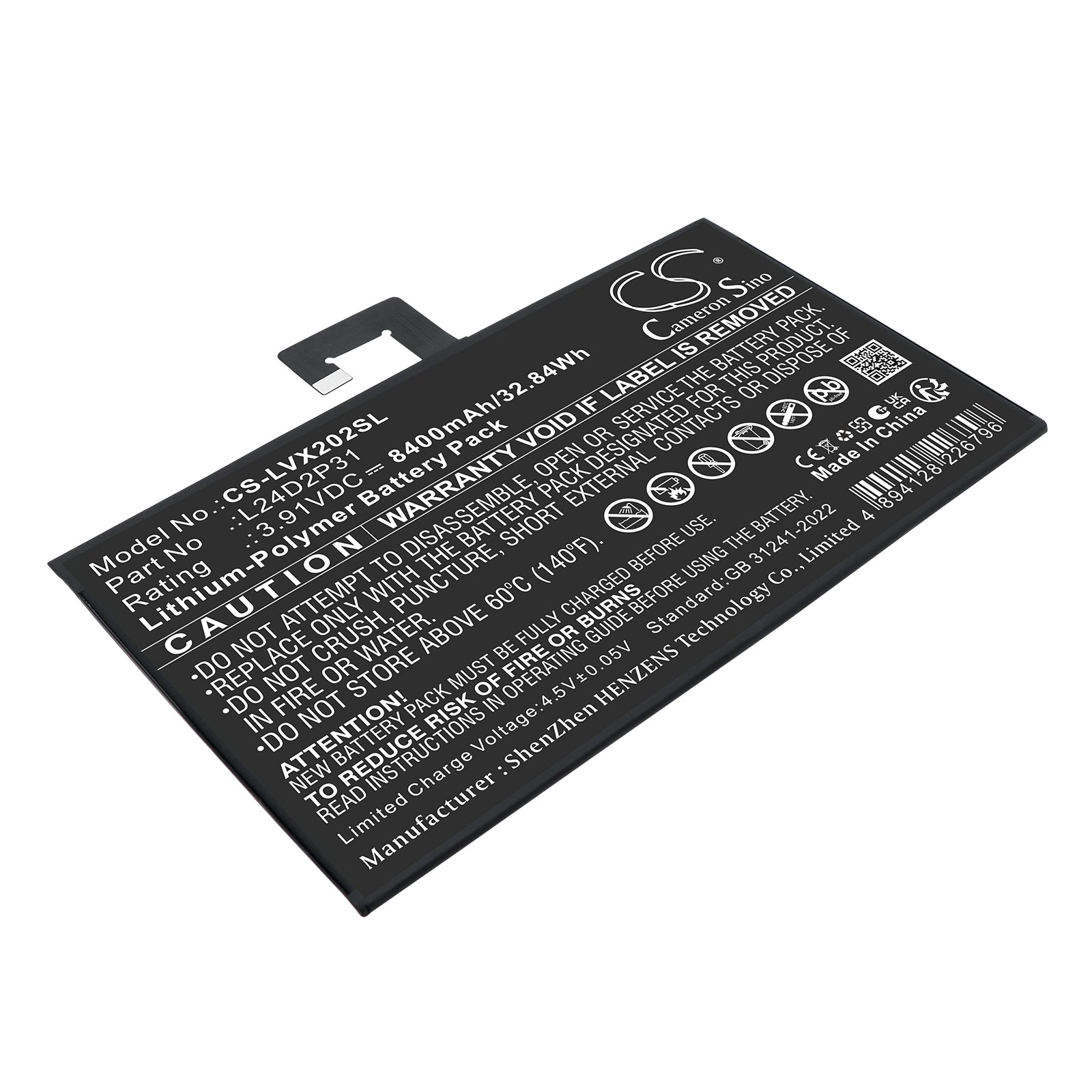 3.91V, Li-Polymer, 8400mAh, Battery fits Lenovo XiaoXin Pad Pro 2024, 32.84Wh Tablet Cameron Sino Technology Limited