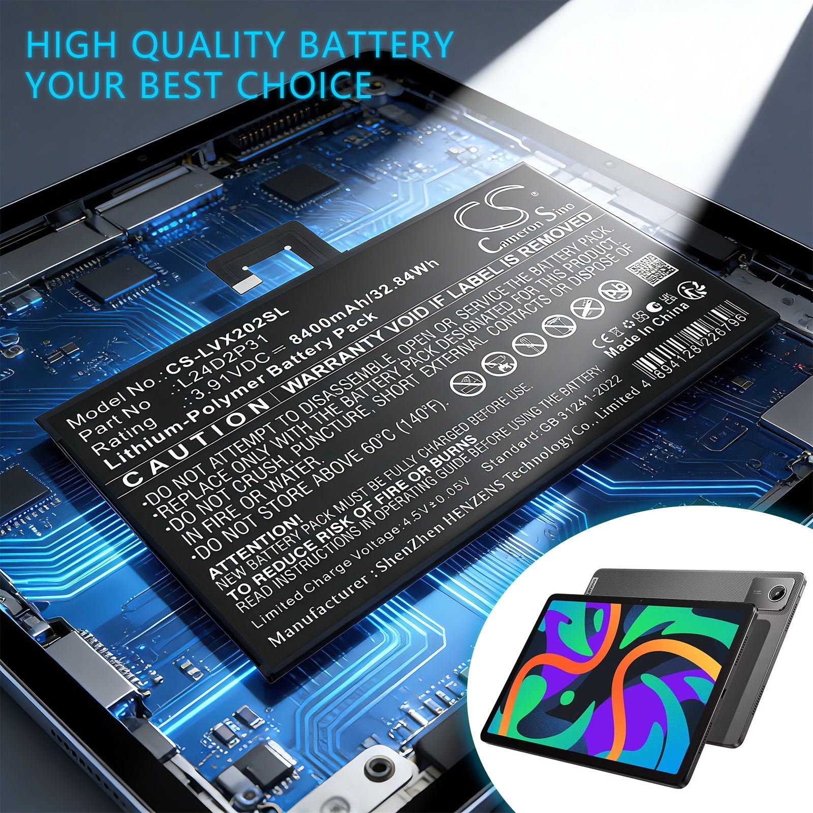 3.91V, Li-Polymer, 8400mAh, Battery fits Lenovo XiaoXin Pad Pro 2024, 32.84Wh Tablet Cameron Sino Technology Limited