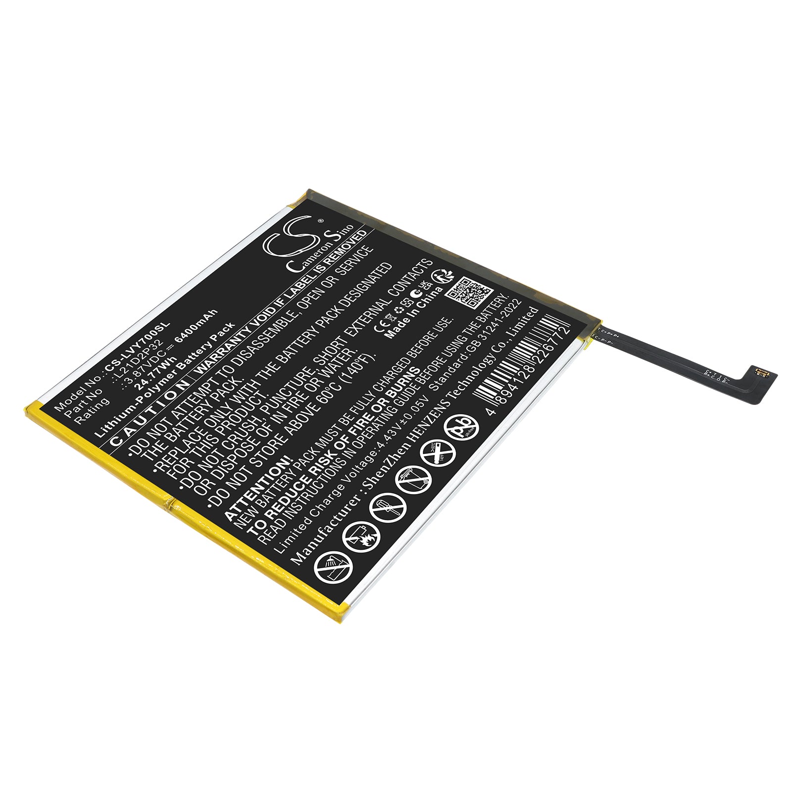 3.87V, Li-Polymer, 6400mAh, Battery fits Lenovo Legion Y700, TB-9707F, 24.77Wh Tablet Cameron Sino Technology Limited