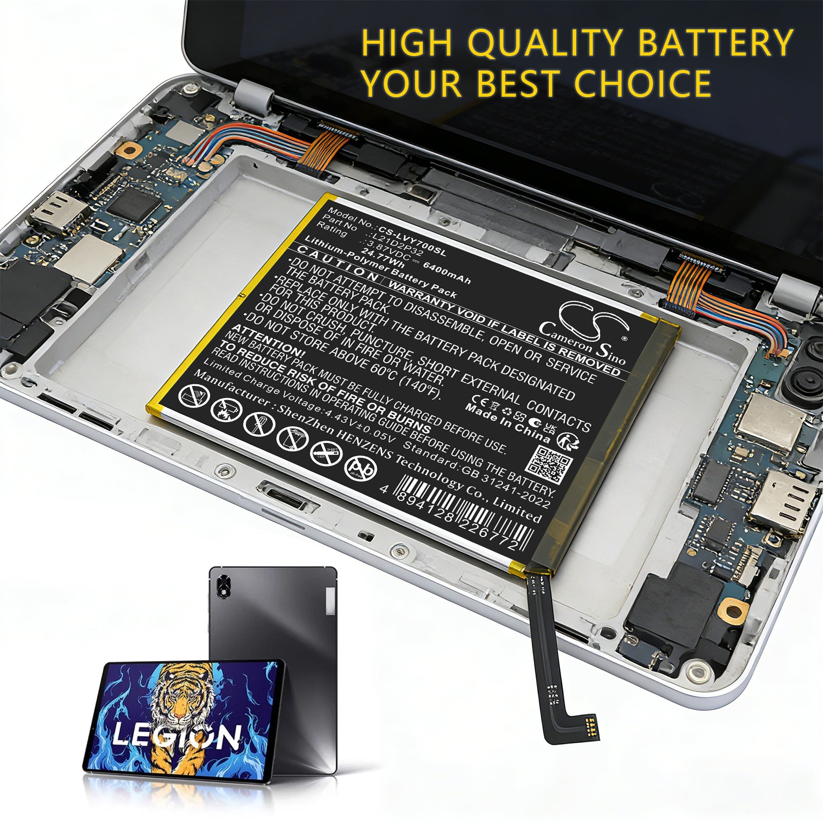 3.87V, Li-Polymer, 6400mAh, Battery fits Lenovo Legion Y700, TB-9707F, 24.77Wh Tablet Cameron Sino Technology Limited