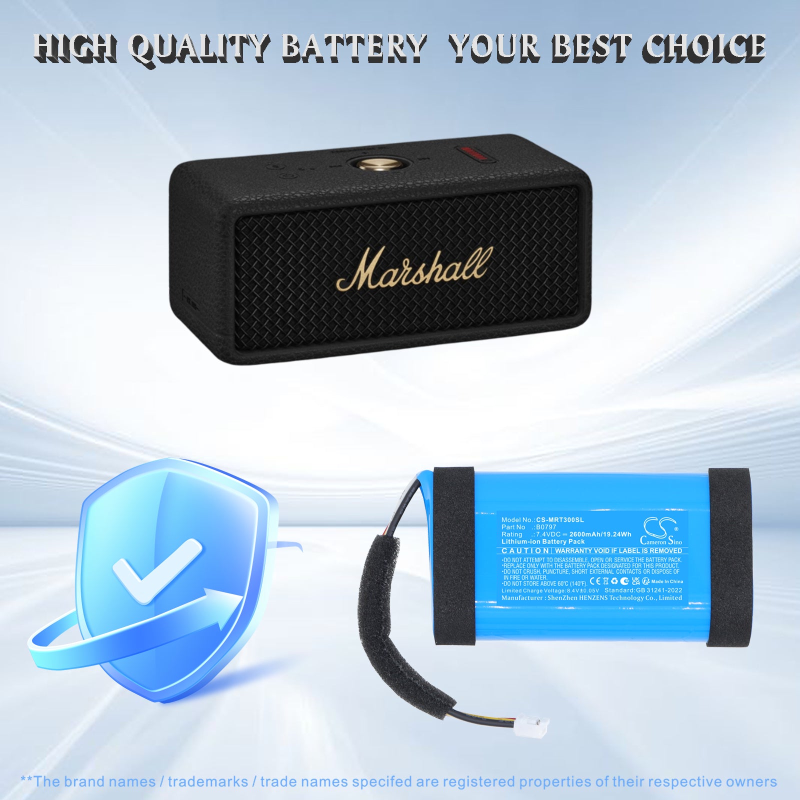 7.4V, Li-ion, 2600mAh, Battery fits Marshall Emberton 3, Emberton III, 19.24Wh Speaker Cameron Sino Technology Limited
