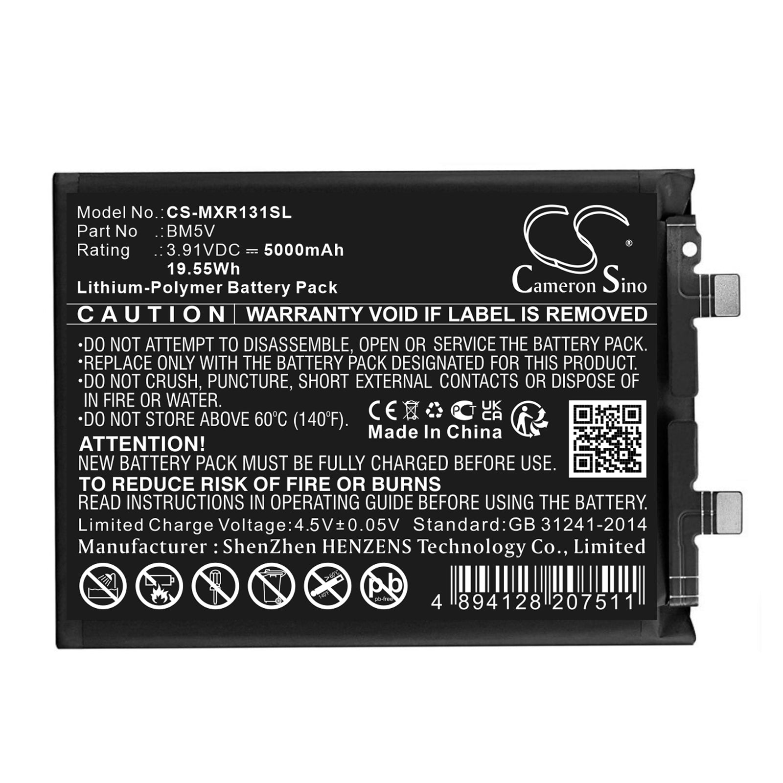 3.91V, Li-Polymer, 5000mAh, Battery fits Redmi Note 13 Pro, 19.55Wh Mobile, SmartPhone Cameron Sino Technology Limited