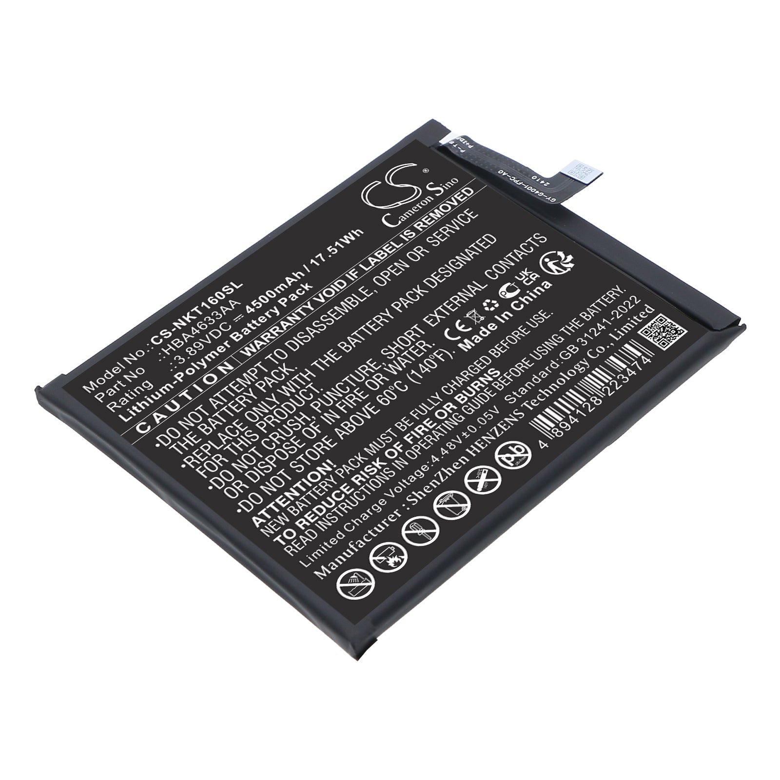 3.89V, Li-Polymer, 4500mAh, Battery fits HMD Skyline, Skyline Business, 17.51Wh Mobile, SmartPhone Cameron Sino Technology Limited