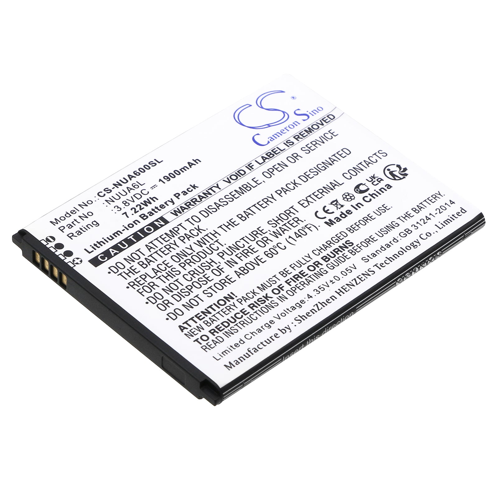 Li-ion, Mobile, SmartPhone Battery fits Nuu A6l, 3.8V, 1900mAh Mobile, SmartPhone Cameron Sino Technology Limited