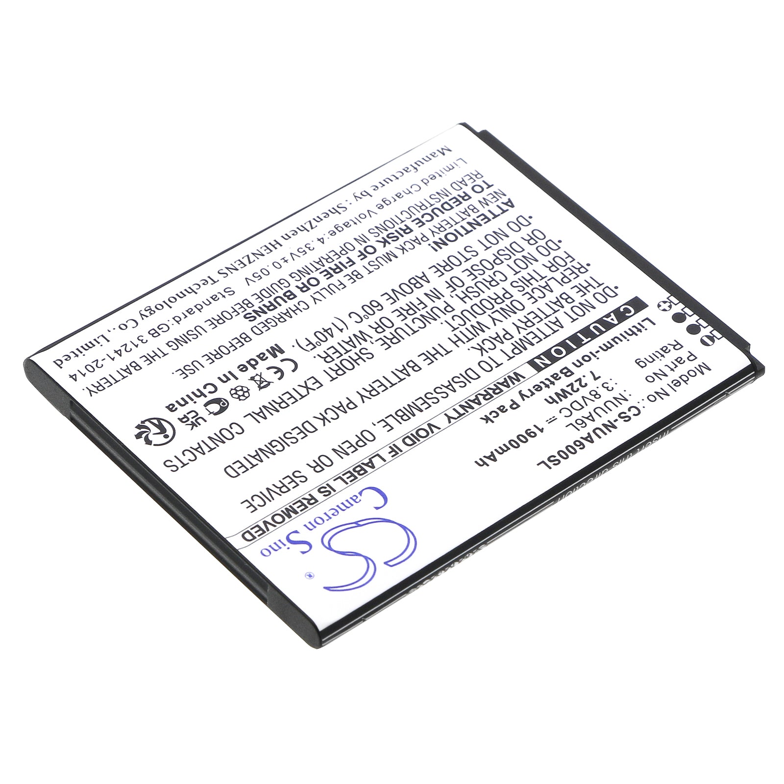 Li-ion, Mobile, SmartPhone Battery fits Nuu A6l, 3.8V, 1900mAh Mobile, SmartPhone Cameron Sino Technology Limited