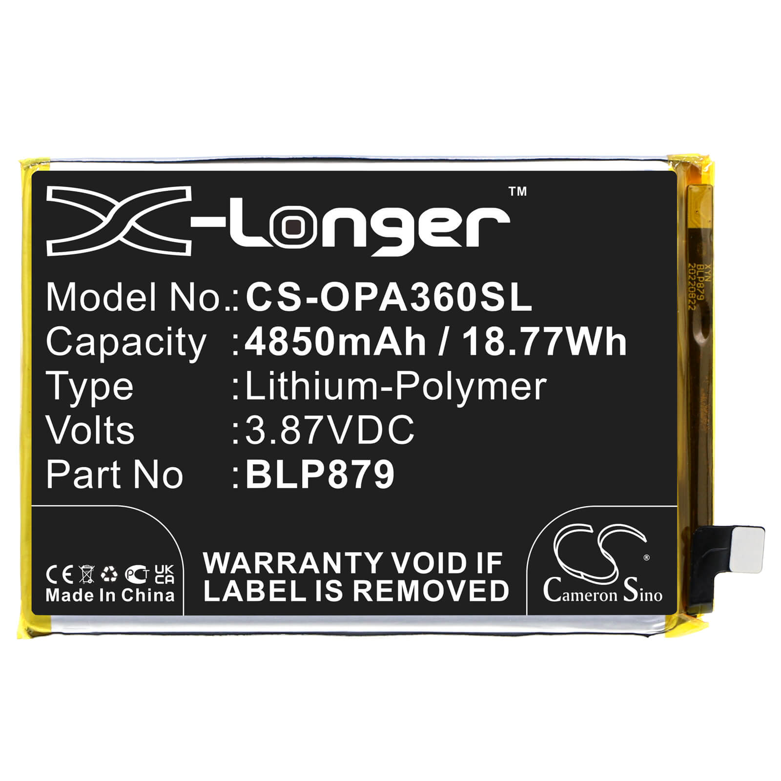 Li-Polymer Battery fits Oppo, A36, A36 2022 3.87V, 4850mAh / 18.77Wh Mobile & SmartPhone Cameron Sino Technology Limited