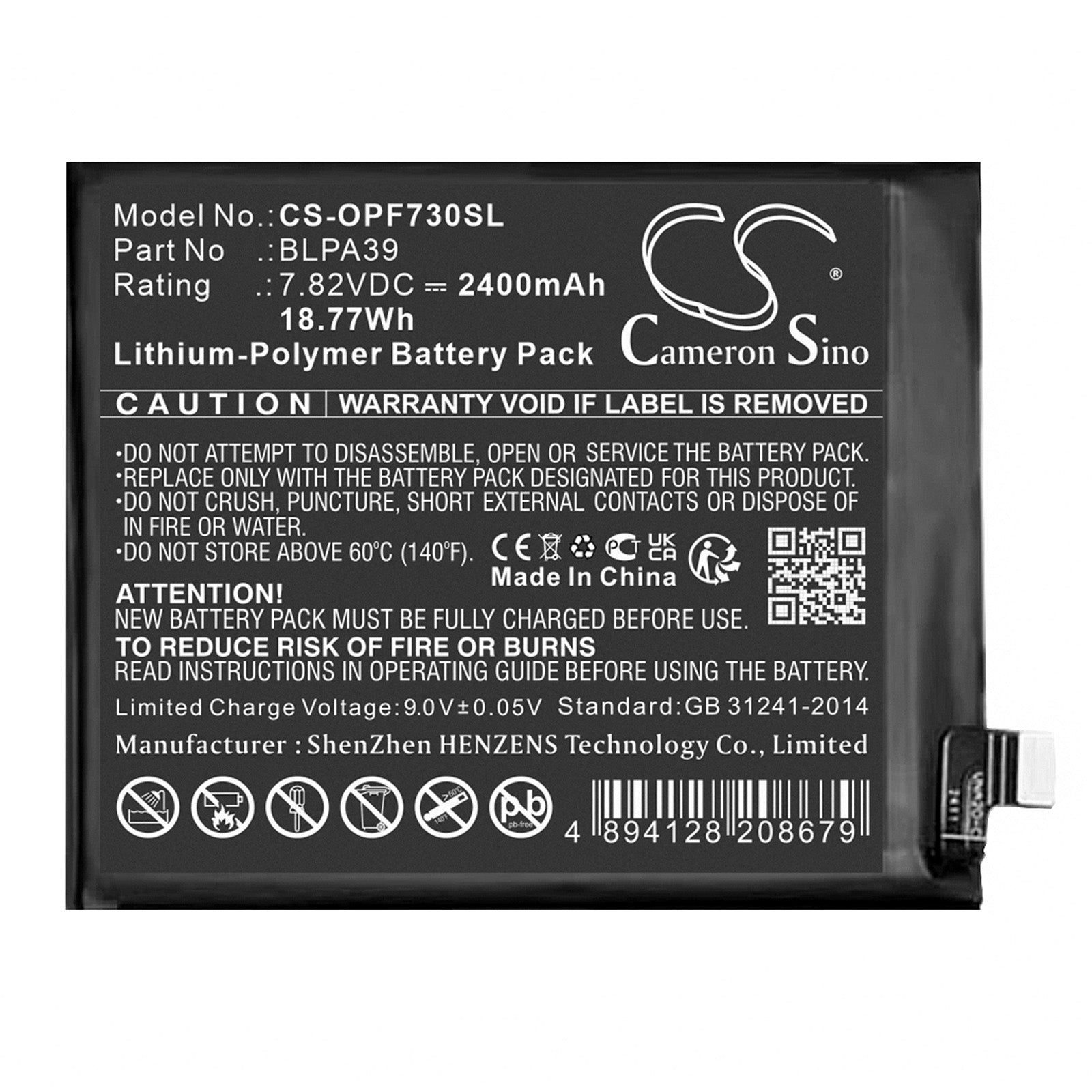7.82V, Li-Polymer, 2400mAh, Battery fits Oppo Find X7, PHZ110, 18.77Wh Mobile, SmartPhone Cameron Sino Technology Limited