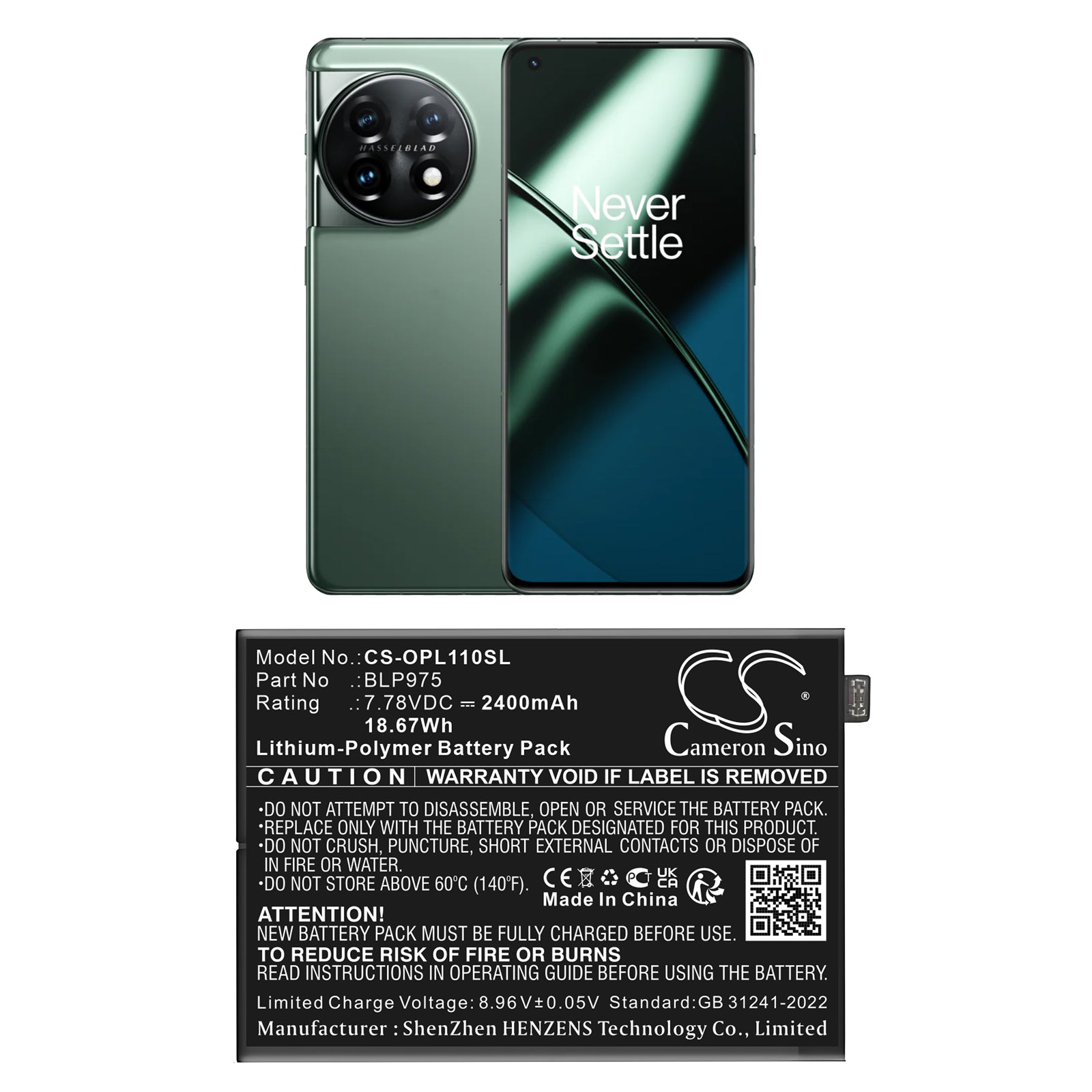 7.78V, Li-Polymer, 2400mAh, Battery fits OnePlus Oneplus 11, 18.67Wh Mobile, SmartPhone Cameron Sino Technology Limited