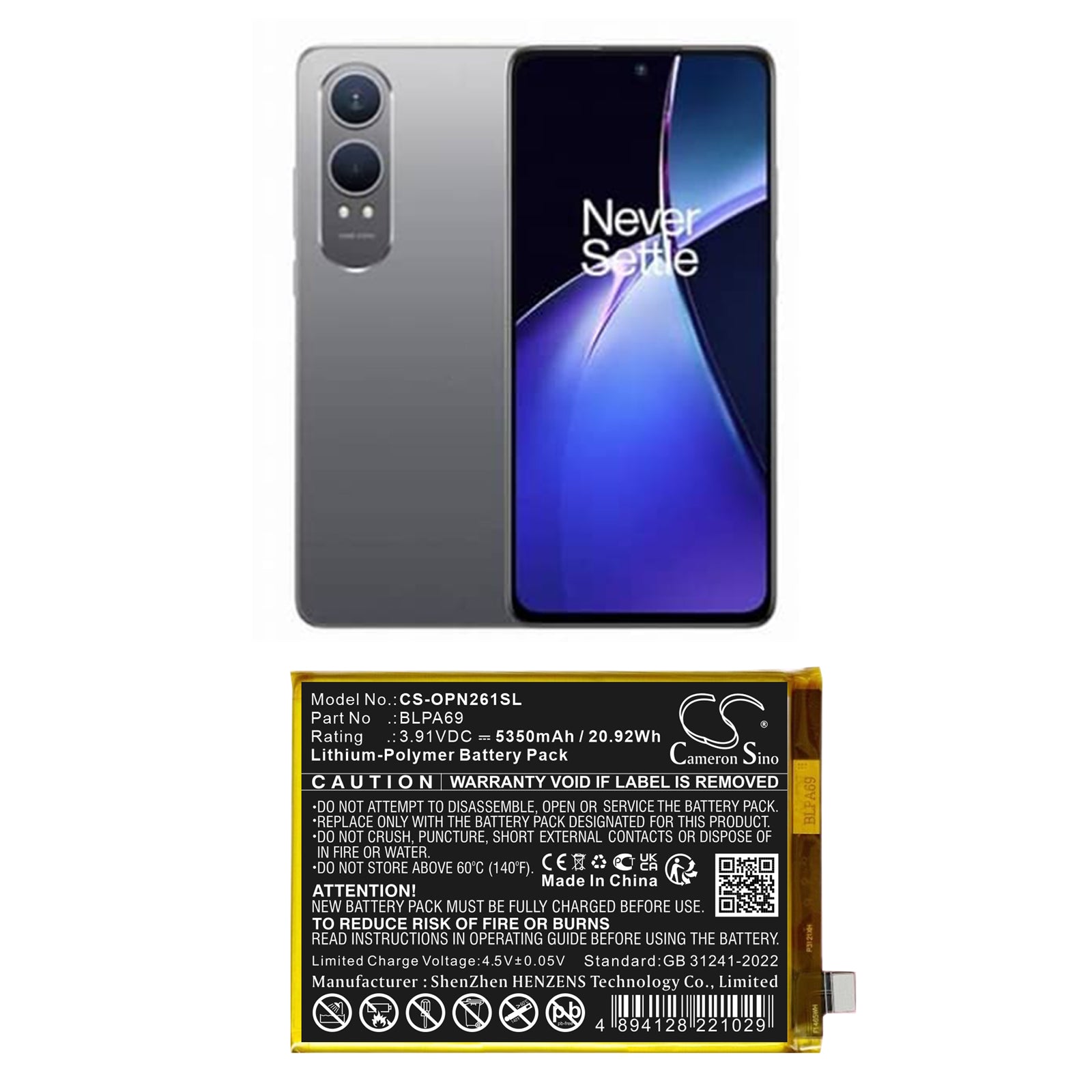 3.91V, Li-Polymer, 5350mAh, Battery fits OnePlus CPH2619, CPH2621, 20.92Wh Mobile, SmartPhone Cameron Sino Technology Limited